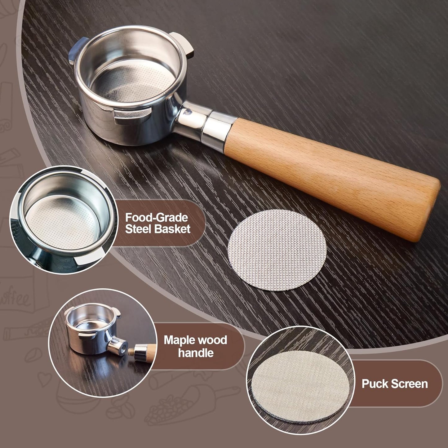 51 mm Bottomless Portafilter with Puck Screen 3 Ears Espresso Portafilter Compatible with Delonghi Dedica EC680, EC685,SMEG & EUPA Coffee Machines,Stainless Steel Porta filter and Maple Handle