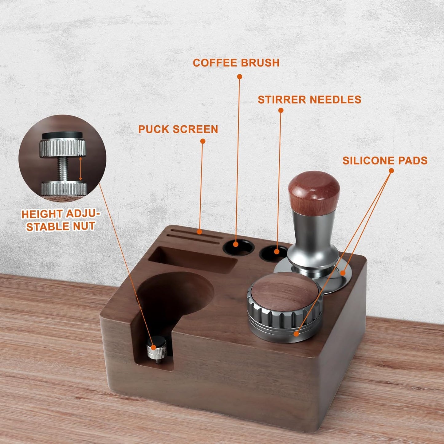 54mm Espresso Tamping Station Walnut Coffee Tamper Station Portafilter Holder,Tamper, and Distributor, Non-Slip Station for Home, Office, Restaurant