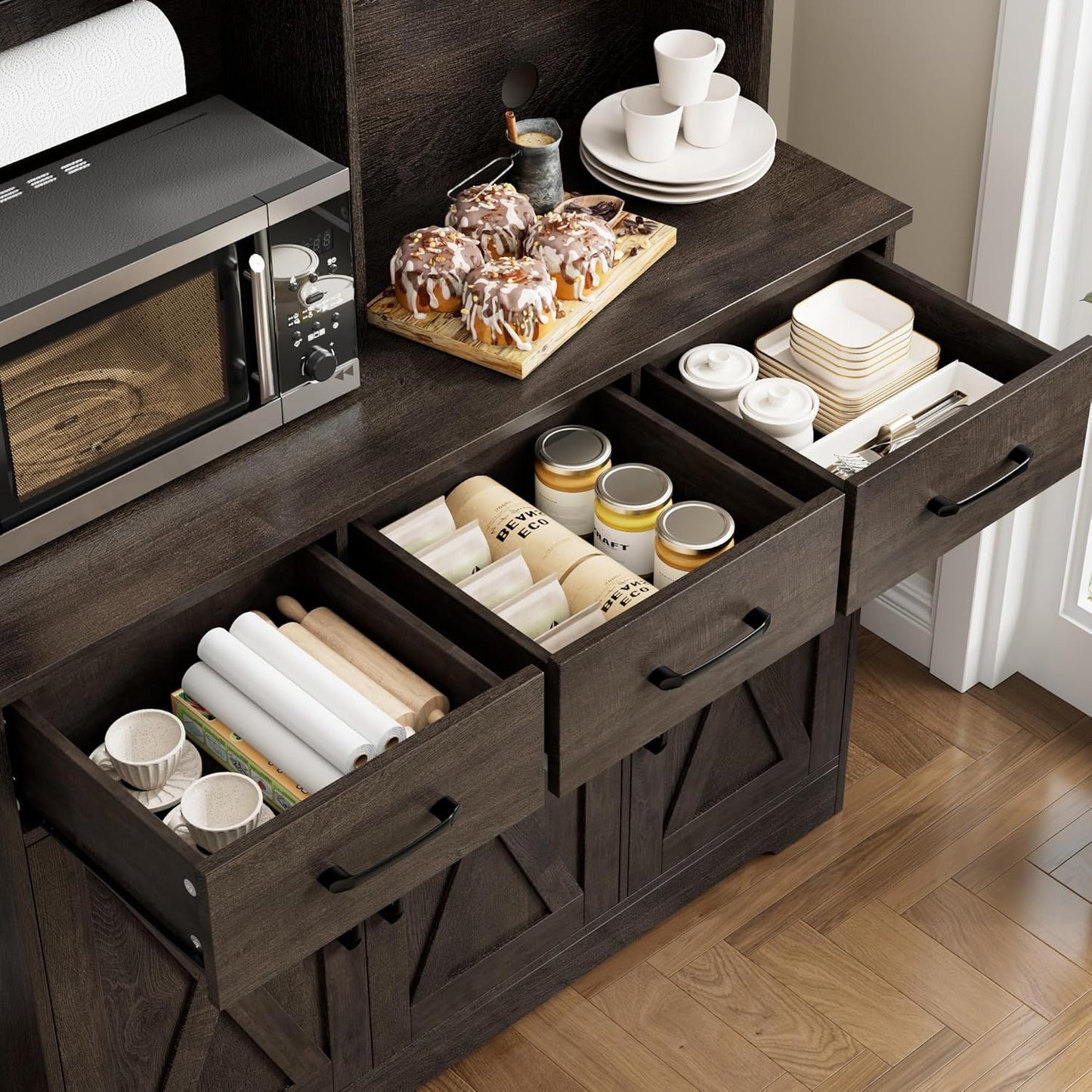 HOSTACK Buffet Cabinet with Hutch, Modern Farmhouse Kitchen Buffet Sideboard Storage Cabinet with 3 Drawers, Barn Door Coffee Bar Station for Dining Room, Living Room, Dark Brown