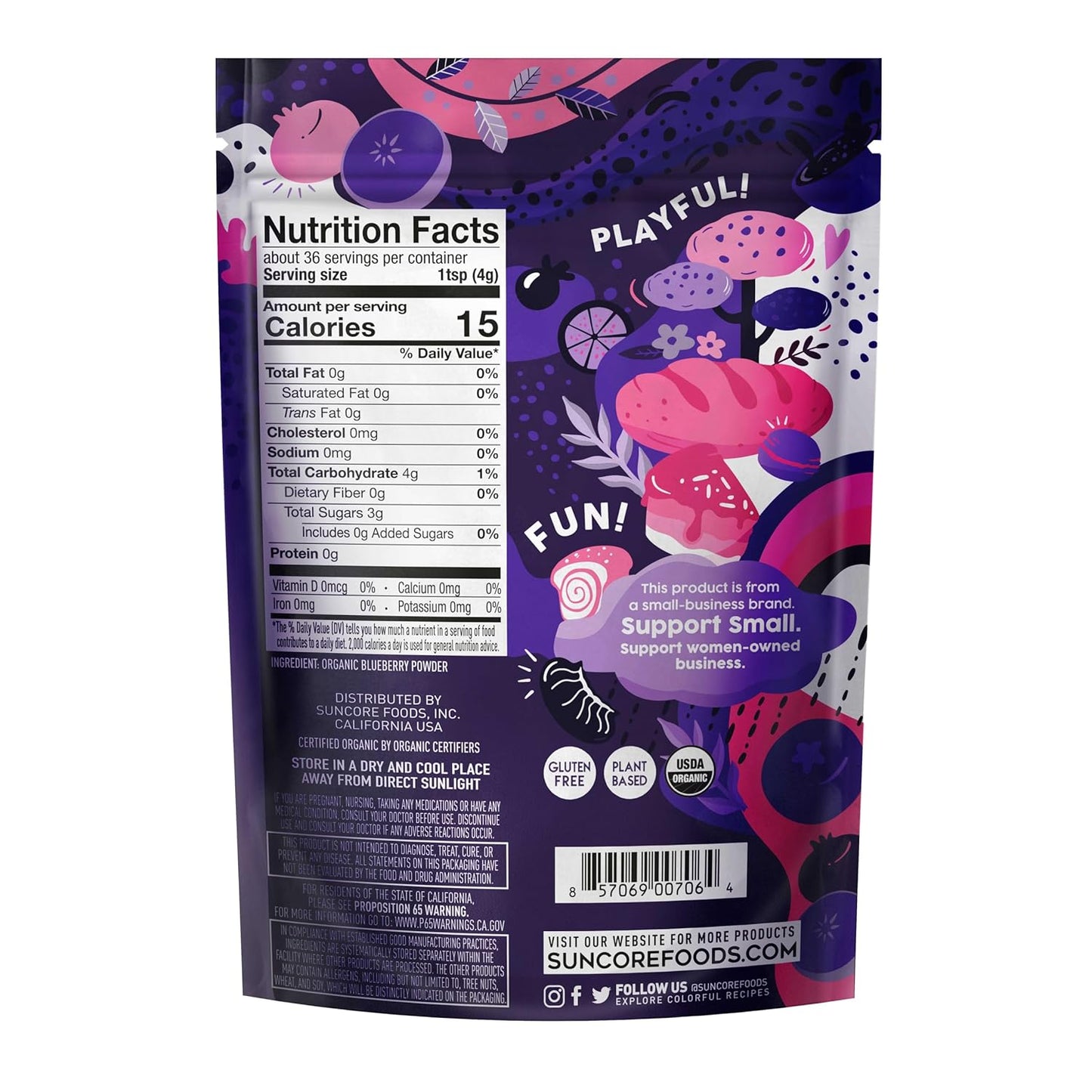 Suncore Foods Organic Indigo Blueberry Powder, Purple Food Coloring Powder, Gluten-Free, Non-GMO, 5oz (1 Pack)