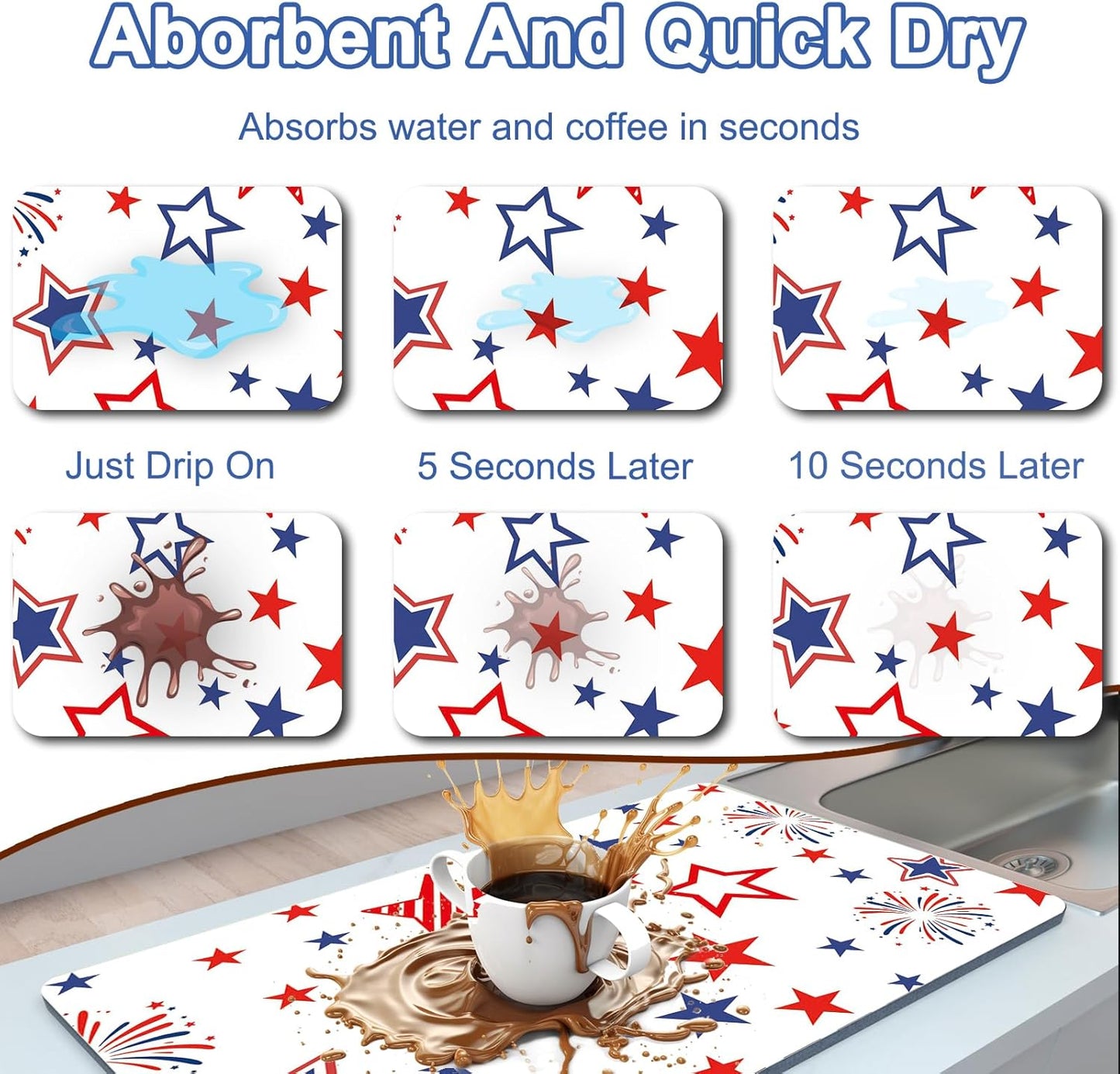 Dish Drying Mat for Kitchen, 12" X 20" Absorbent Coffee Maker Mat, Non-slip Bar Mats for Countertops, Kitchen Drying Pad for Dishes, Utensils, Espresso Machine, W Stars Freworks