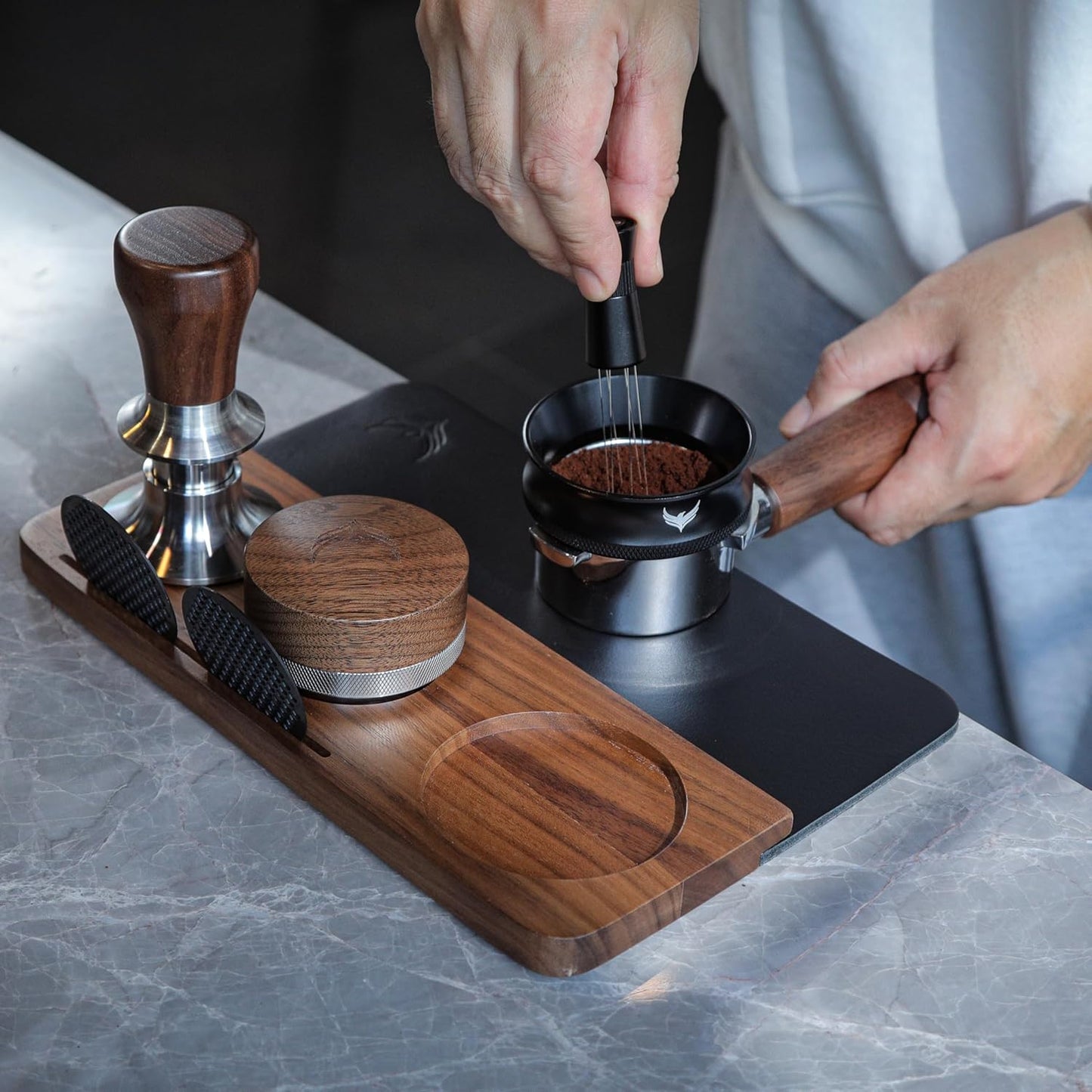 58mm Tamping Mat for Counter Walnut Wood Leather Tamper Station with Multi-Slot Design Premium Espresso Machine Accessories Organizer