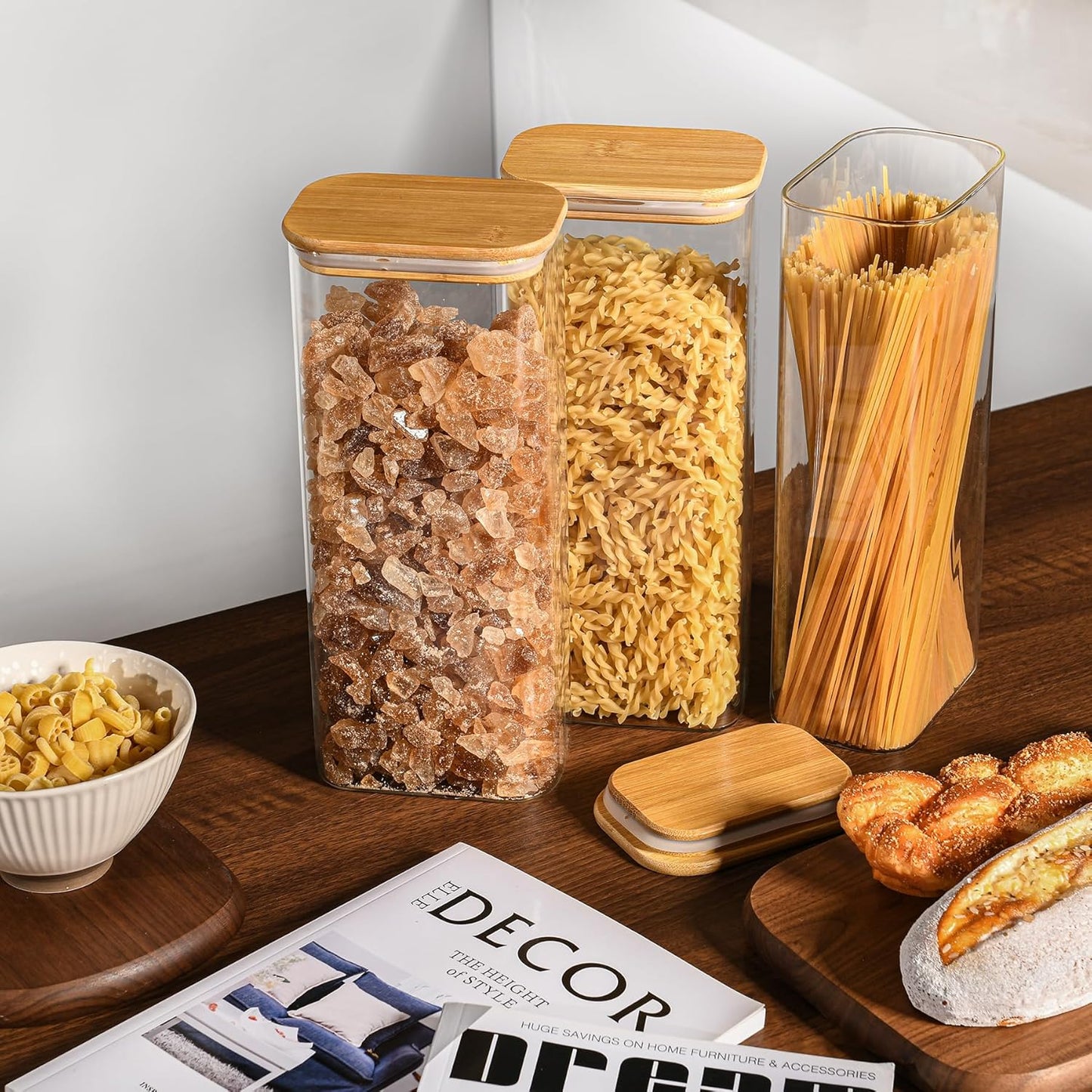 71oz Rectangle Airtight Glass Storage Containers with Bamboo Lids (Set of 3), Square Food Storage Jar, Pantry Organizers for Sugar, Flour, Spaghetti and Coffee beans (‎with Black Lable)