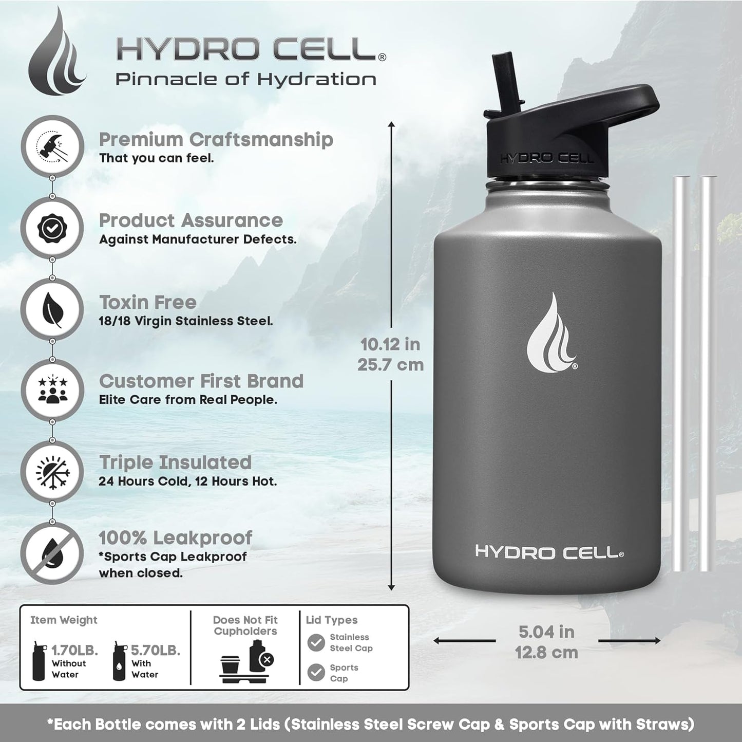 HYDRO CELL Stainless Steel Insulated Water Bottle with Straw - For Cold & Hot Drinks - Metal Vacuum Flask with Screw Cap and Modern Leakproof Sport Thermos for Adults (Graphite 64oz)