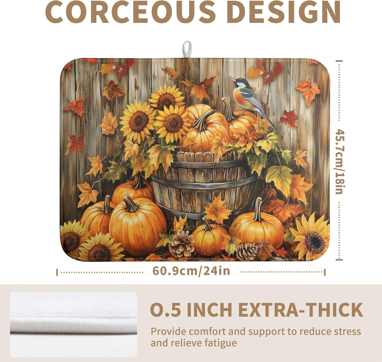 Fall Pumpkin Dish Drying Mat Autumn Maple Leaves Thanksgiving Large Kitchen Mats Dish Drying Pad Absorbent Dish Dryer Mat for Kitchen Countertops Microfiber Drainer Pad Dish Drying Mats (18x24 in)