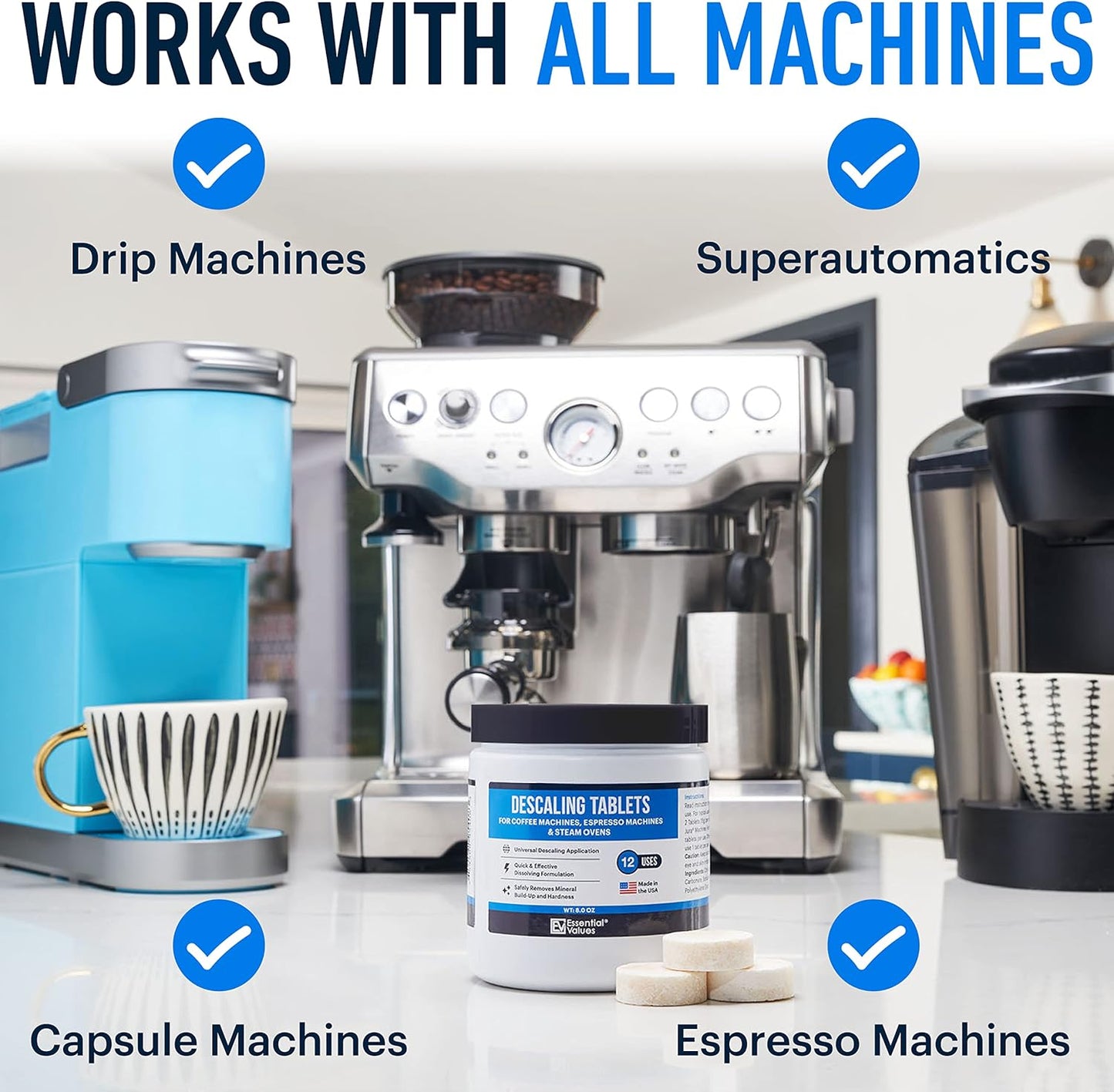 Essential Values Descaling Tablets (12 Count/Up to 12 Uses) for Jura, Miele, Bosch, Tassimo Espresso Machines and Miele Steam Ovens (1 Pack)