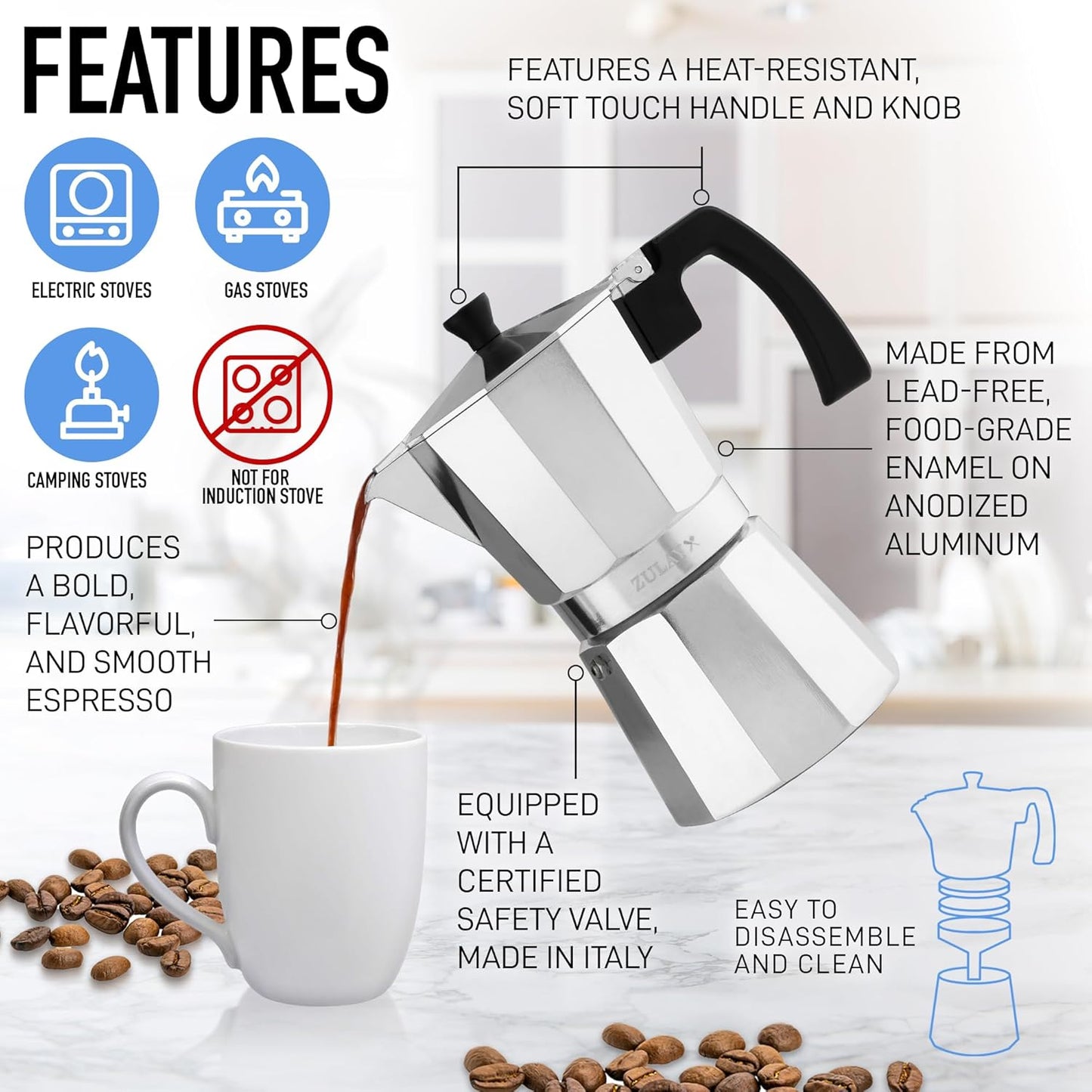 Zulay Moka Pot Espresso Stovetop Coffee Maker - Leak-Proof, Aluminum, Easy to Clean, Heat Resistant Handle & Knob - for Authentic Cuban & Italian Style Espresso - Makes 9 Espresso Cups - Silver