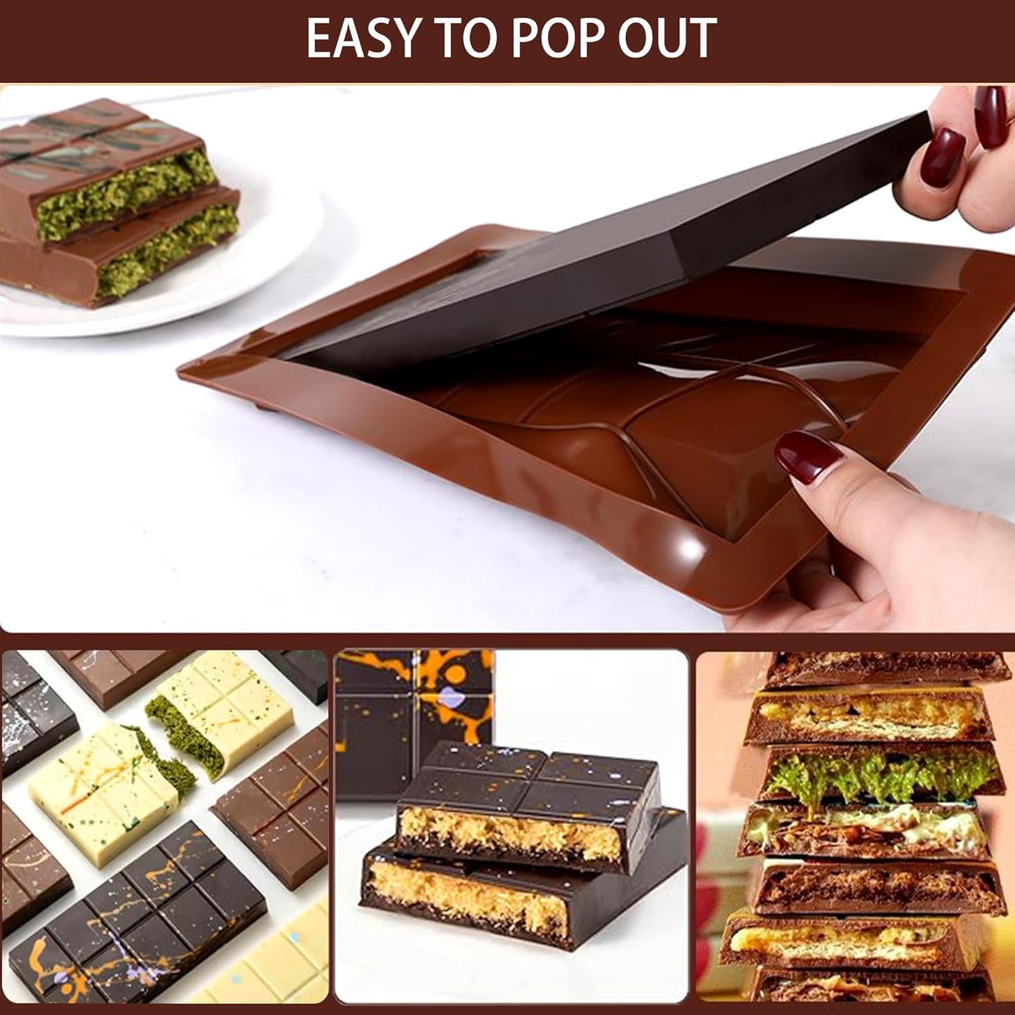 3 PCS Silicone Chocolate Bar Molds with 1 spatula,3/4 Inch Thick Non-Stick Chocolate Mold，Large Deep Cavity Chocolat Silicone Mold for Stuffed Chocolate Bars Knafeh Pistachio Chocolat