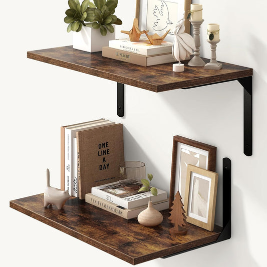 Floating Shelves for Wall, 12 Inch Deep Floating Shelves Set of 2, Wall Mounted Shelf with Metal Brackets, Rustic Wood Wall Shelf for Bathroom, Kitchen and Living Room, Rustic Brown, 24W x 12D