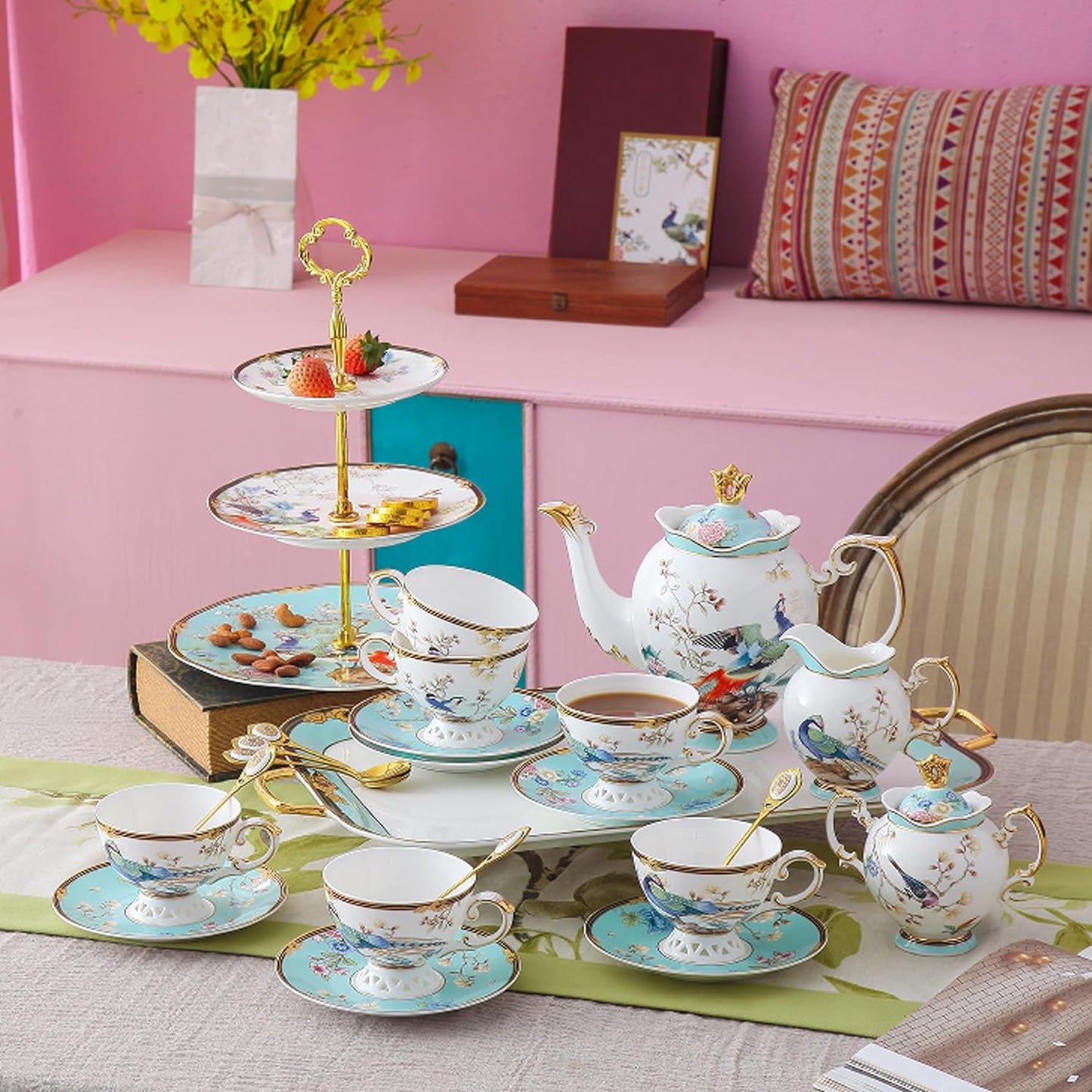 ACMLIFE Fine Bone China Tea Set with Teapot, Porcelain Tea Sets for Adults, 21-Piece Vintage Tea Set for 6, 24K Gold Blue English Floral British China Tea Sets for Women Tea Party for Gifts