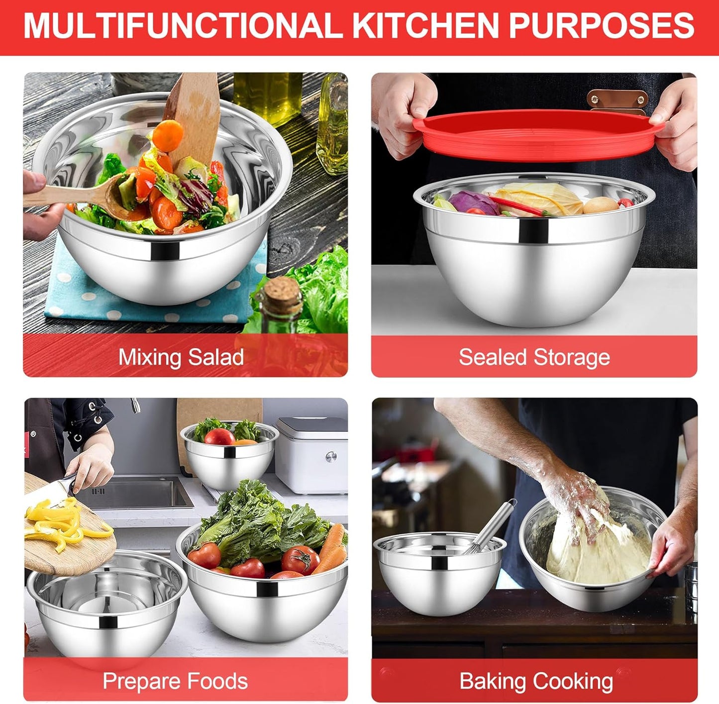 LIANYU 6 Pack Stainless Steel Mixing Bowls with Airtight Lids, Large Metal Nesting Salad Bowls, Ideal for Kitchen Prepping, Baking, Freezer Storage, Size 7, 3.5, 2.5, 2, 1.5, 1QT, Dishwasher Safe, Red