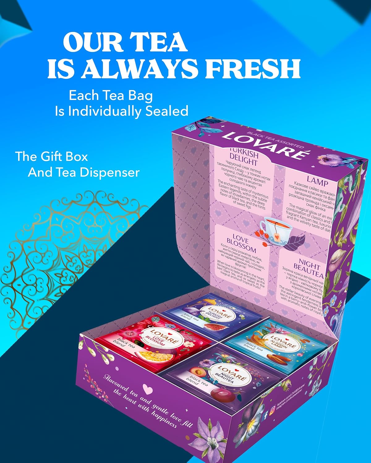 LOVARE Oriental Assorted Tea Variety Pack 32 Pack - Made in Ukraine - Tea Bags Individually Wrapped - Turkish Delight, Aladdin Lamp, Love Blossom, Night Beautea - Assorted Tea Bags Variety Pack