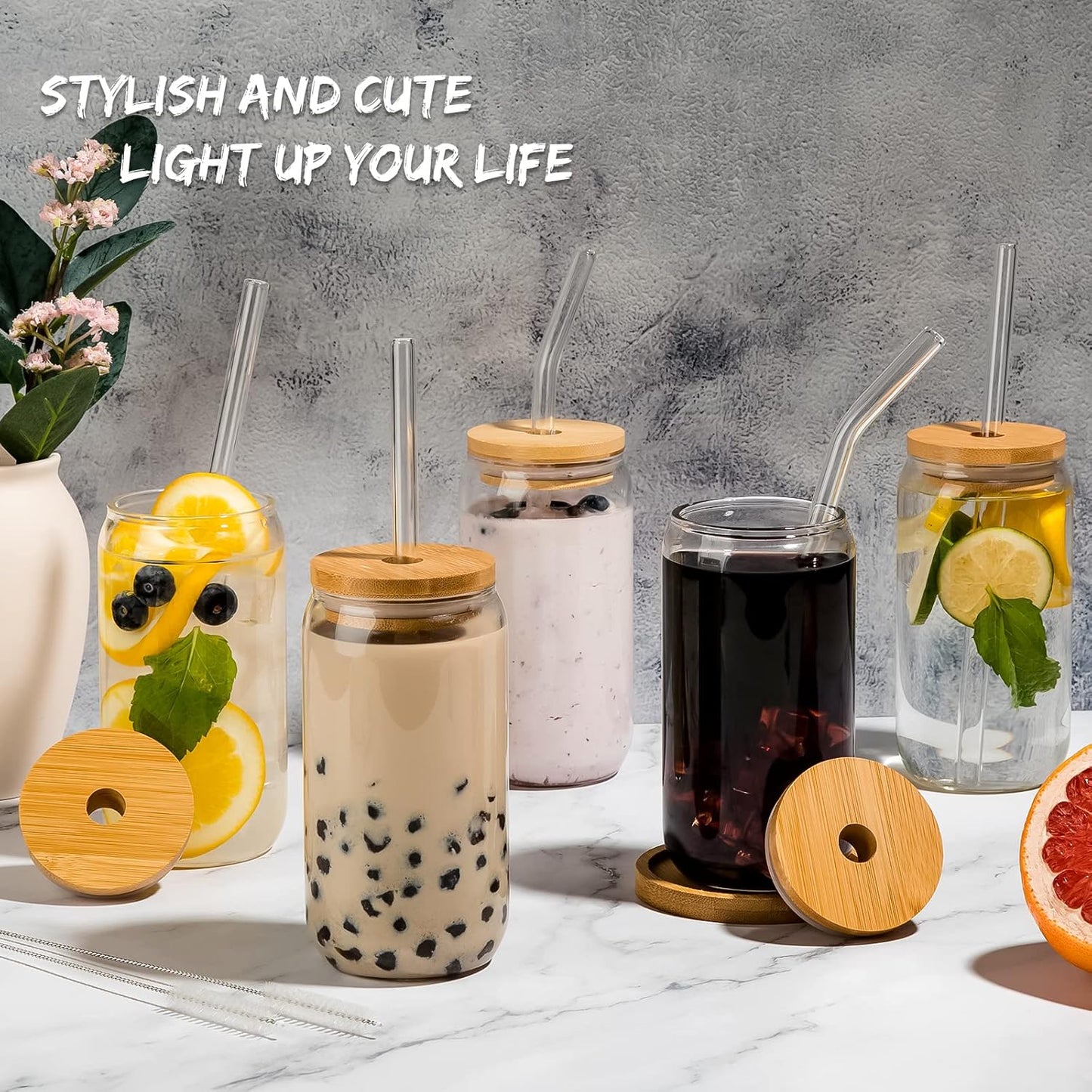 16 Oz Drinking Glasses with Bamboo Lids and Glass Straw - 6 Pcs Glass Cups Beer Ice Coffee Glasses Cute Aesthetic Cup Great for Coffee Bar Accessories Include 2 Cleaning Brushes