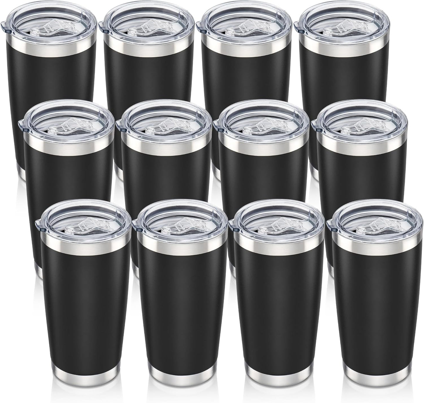 20 oz Tumbler with Lid Stainless Steel Insulated Tumblers Bulk Double Wall Vacuum Cups Powder Coated Travel Mug Keep Drinks Cold and Hot, Black, 12 Pack