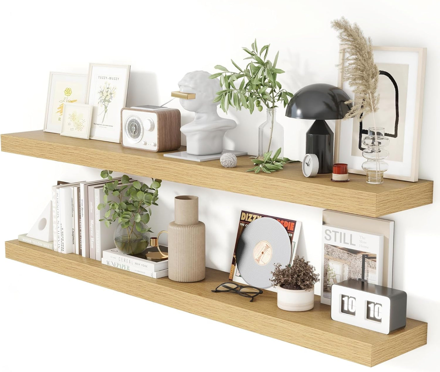 Heimlove 55 Inch Floating Shelves for Wall 8 Inch Deep Oak Shelves Set of 2,Wall Mounted Rustic Wood Long Floating Shelf，Large Extra Display & Storage Shelf with Invisible Brackets