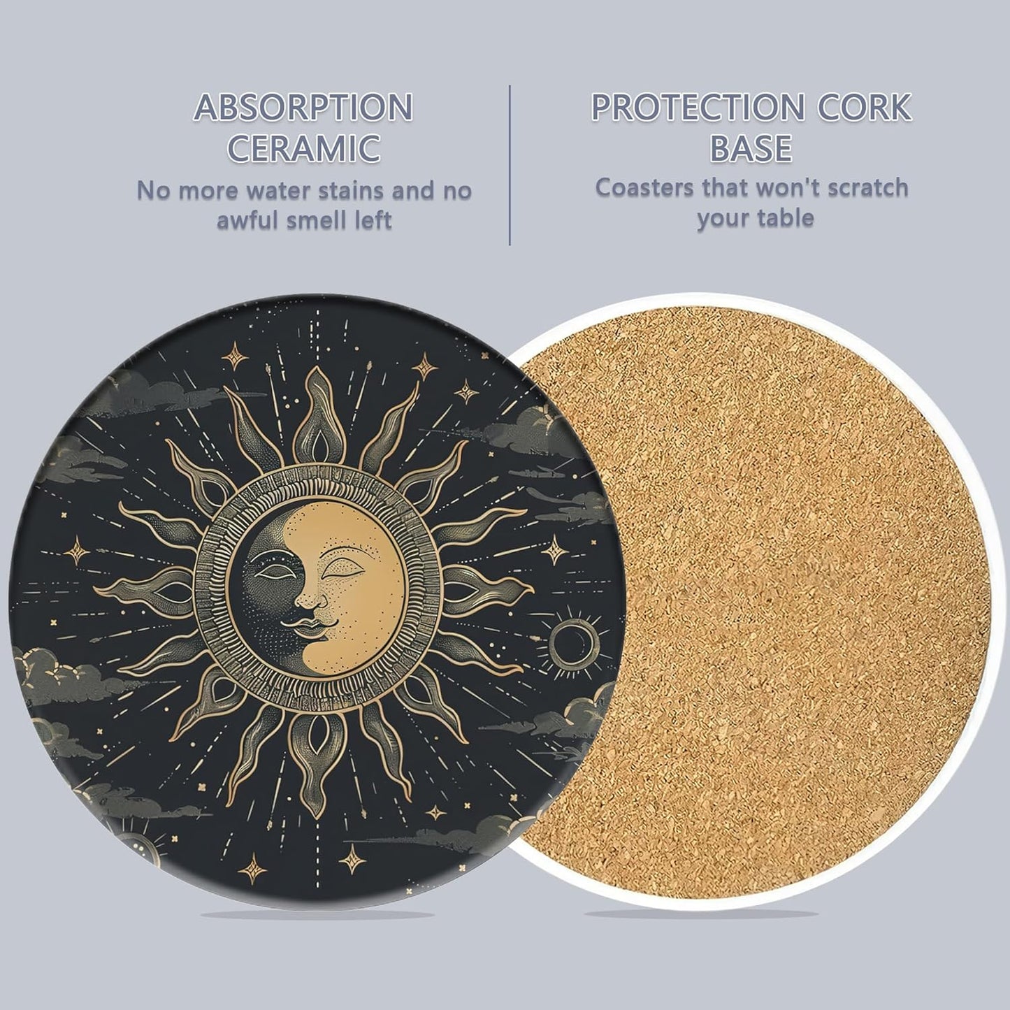 Drink Coasters Set of 6 with Holder, Gold Sun Moon Clouds Stars Absorbent Ceramic Coasters with Cork Base,Fit All Cups,Great Gift for Housewarming,Room Decor,Bar,Holiday Party