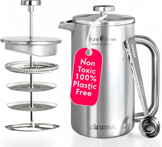 Ziruma Non-Toxic French Press, Surgical Stainless Steel Coffee Press, Plastic-Free, Heavy Metal-Free, No Endocrine Disruptors, 34 Oz, Double Wall, 4-Layer Filter, Portable Coffee Maker