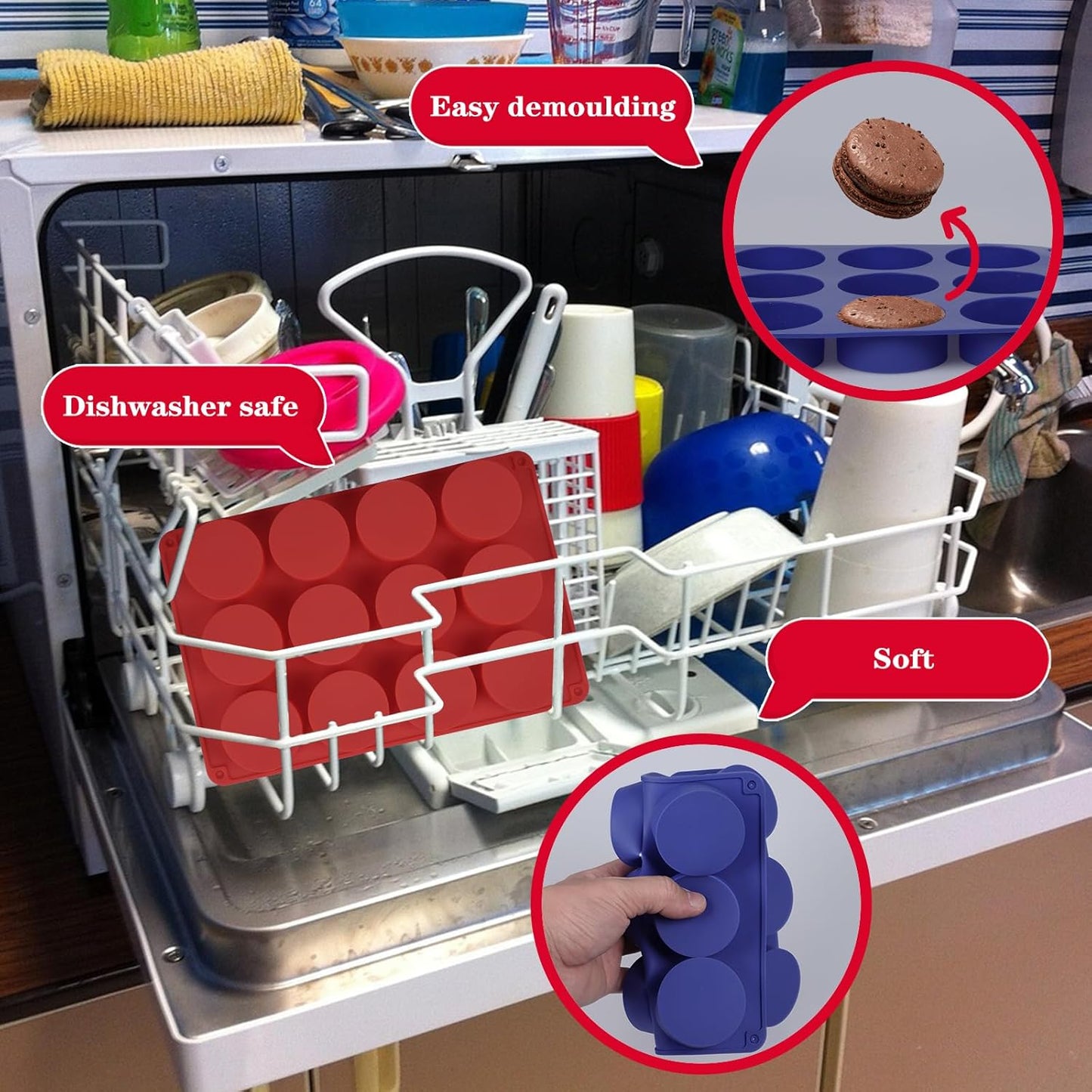 Round Chocolate Cookie Silicone Molds, New Size 12-Cavity Cylinder Chocolate Cover Cookie Silicone Molds for Candy Mini Cakes Jelly Baking (Red Blue)