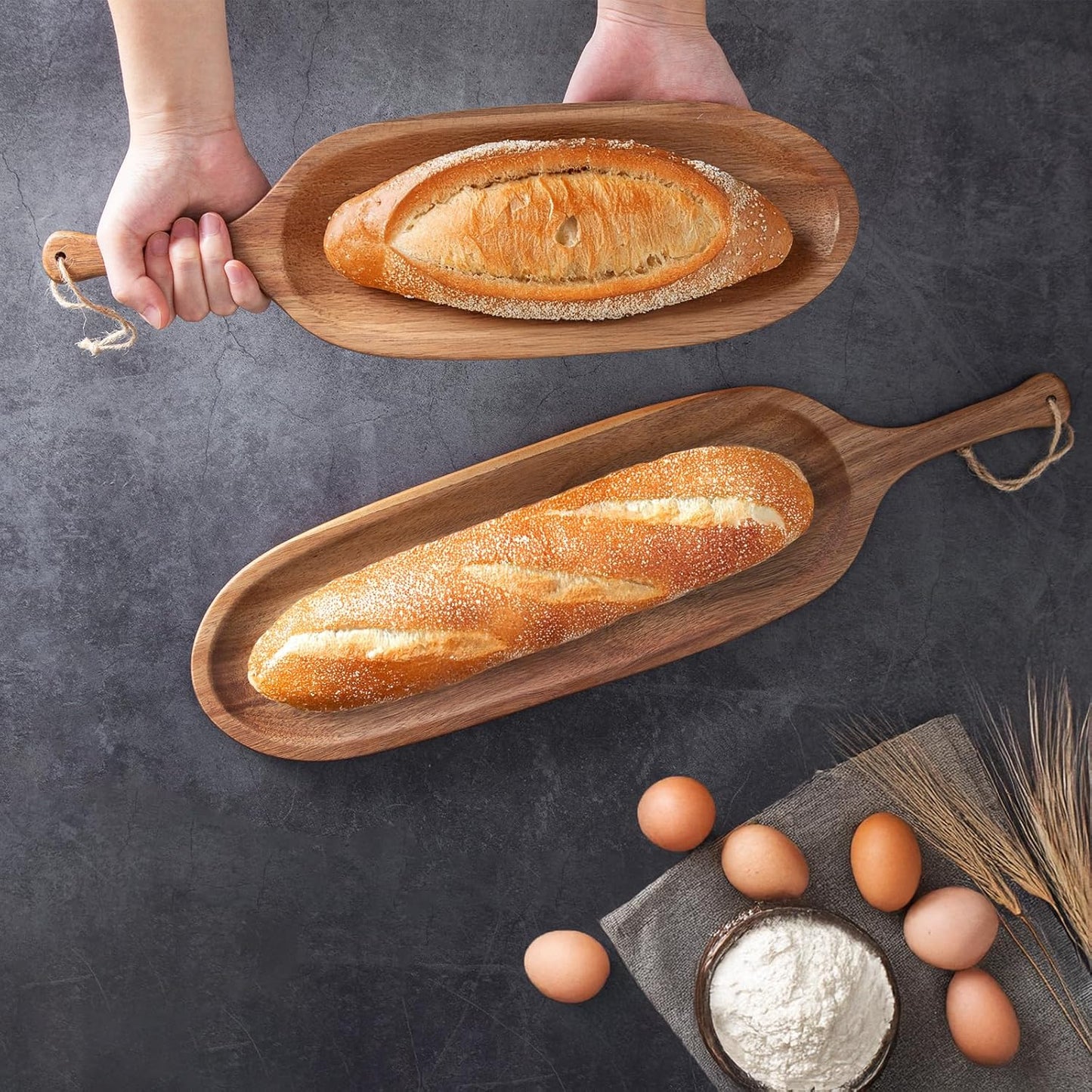 2PCS Wooden Tray Wood Serving Tray with Handle Large Serving Plates Acacia Solid Wood Appetizer Plates Multi-Use Oval Acacia Plates for Appetizer for Snack(Large 20.5“ and 16.5"