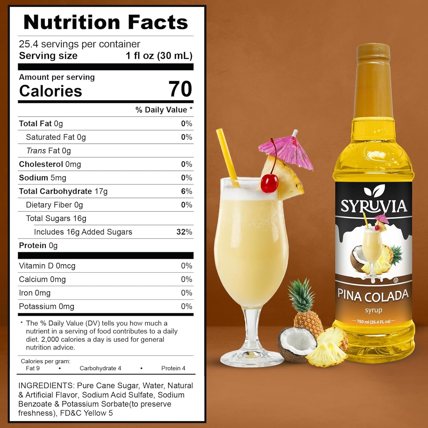 Syruvia Pina Colada Syrup - Premium Flavoring Syrup for Tea, Italian Sodas, Beverages, Desserts, Ice Cream, Cocktails & Mocktails - Kosher, Gluten Free - 25.4 fl oz.