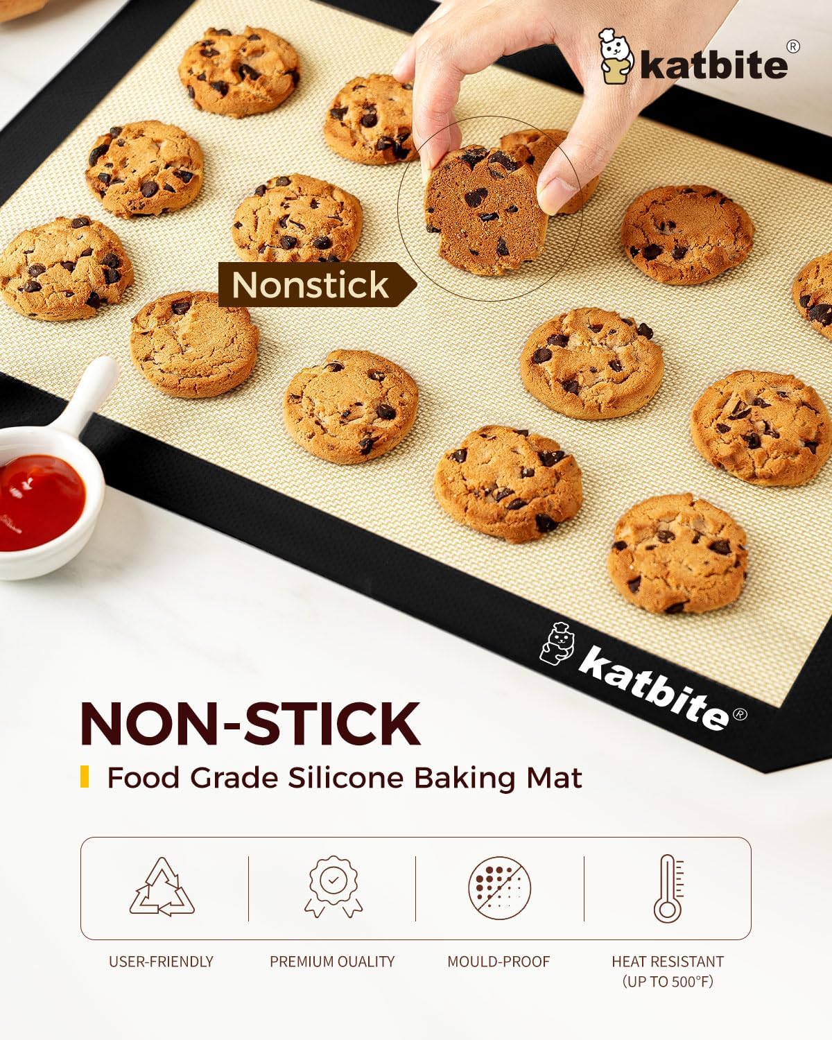Katbite Silicone Baking Mat Colorful Collection - Set of 3: 2 Half Sheets Mats (11 5/8" x 16 1/2") + 1 Quarter Baking Sheet, Reusable & Nonstick Bakeware Mats for Cookies, Macarons, Bread (Black)