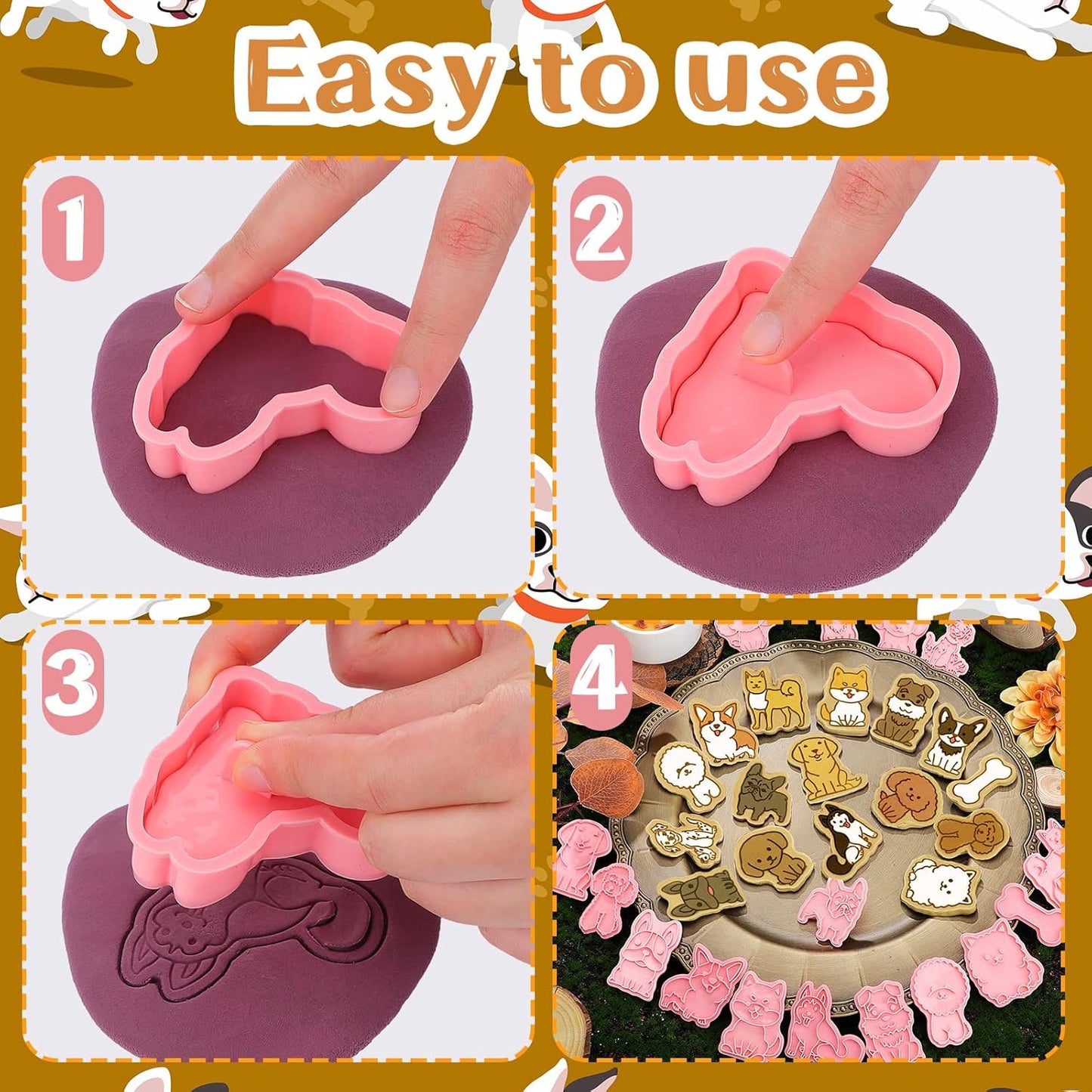 16 Pcs Dog Cookie Cutters with Plunger Stamps Set 3D Puppy Bone Shape Biscuit Cutter Funny Cartoon Cookie Stamps Stamped Embossed Dog Cookie Cutters for Treats DIY Cookie Cake Baking Supplies