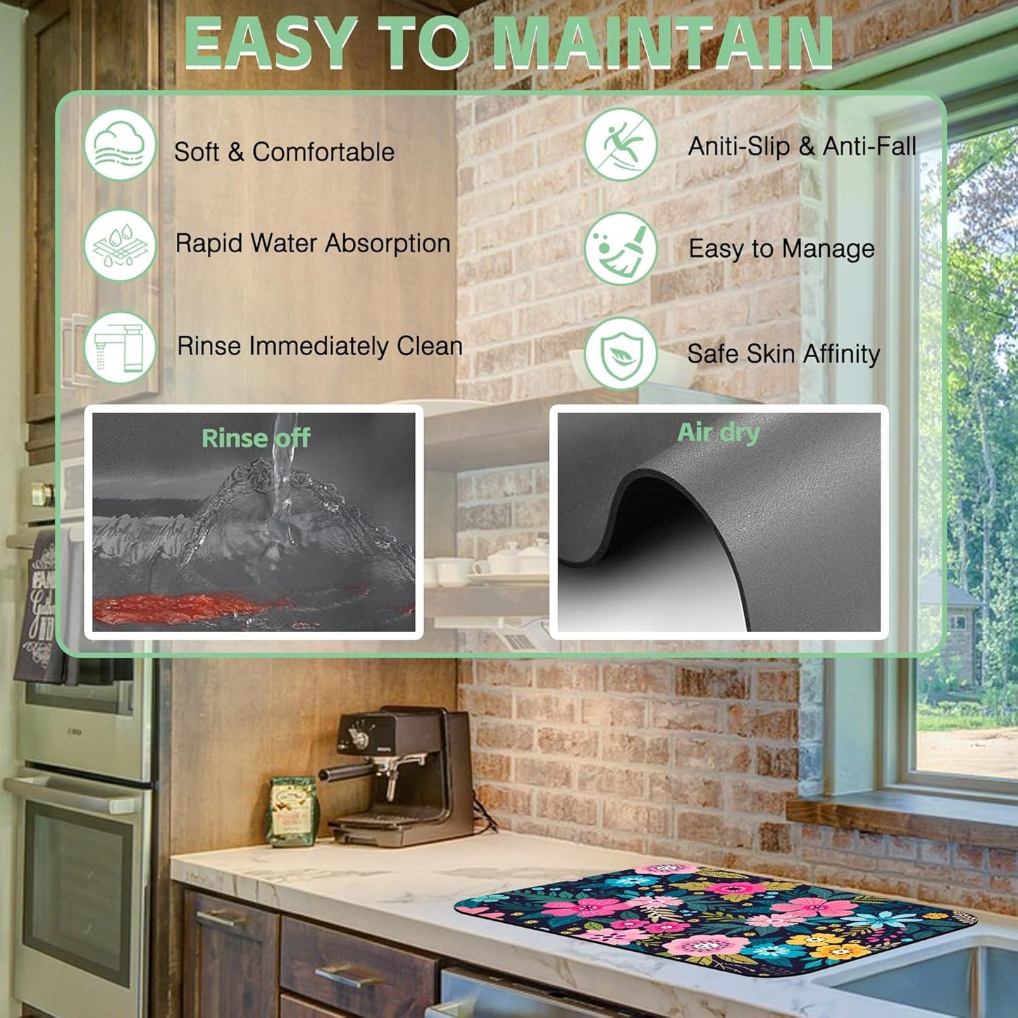 Dish Drying Mat Bright Colorful Flowers Leaves Coffee Mat,16"X24" Bsorbent Dish Drying Pad for Sink Dishes or Under Rack Kitchen Counter Accessories Absorbent Hide Backed Drying Mat