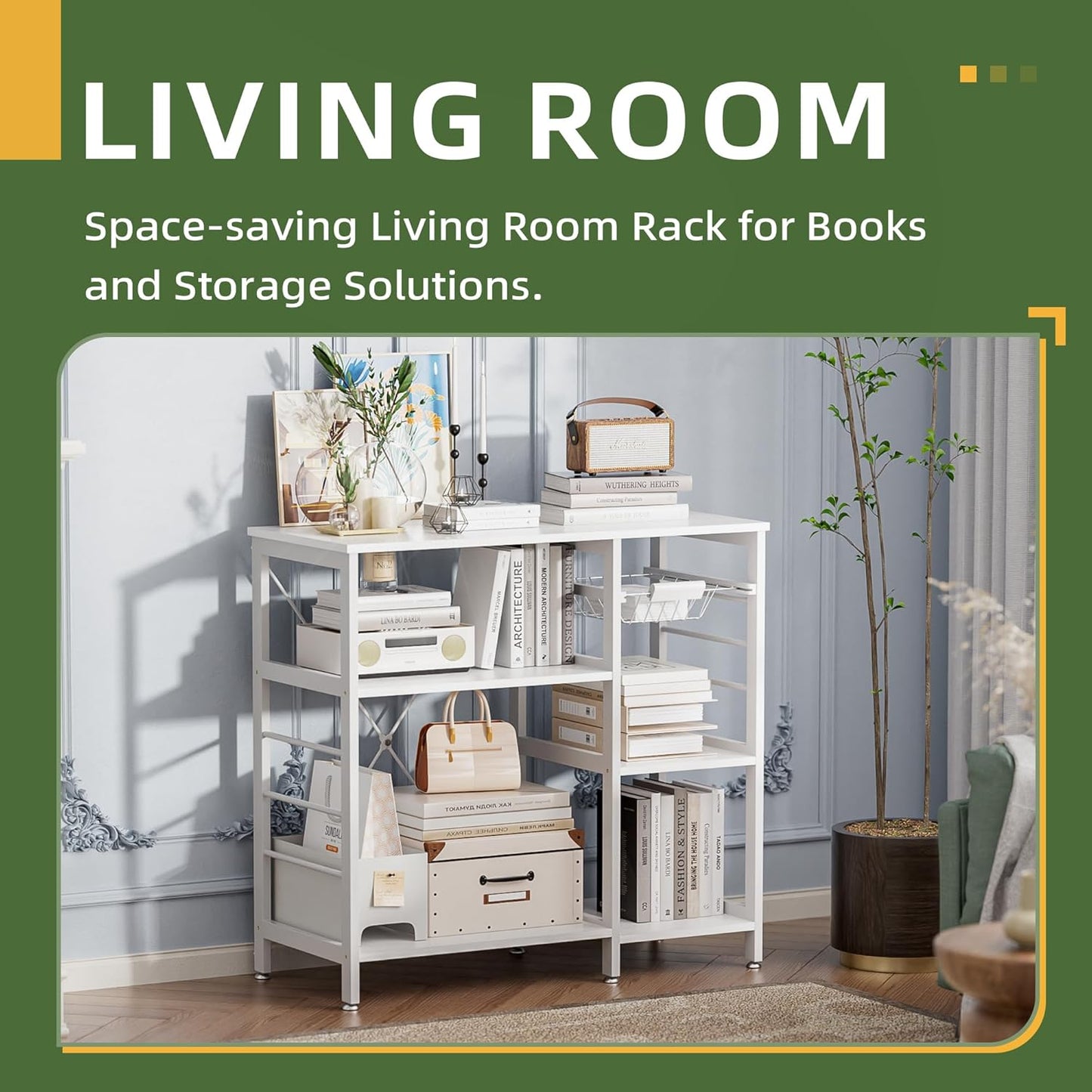 Baker’s Rack, Microwave Oven Stand with Bamboo Frame, 35.43" Coffee Bar with Wire Basket & 6 Hooks, 3-Tier Kitchen Storage Shelf Stand for Kitchen, Living Room, Office, White