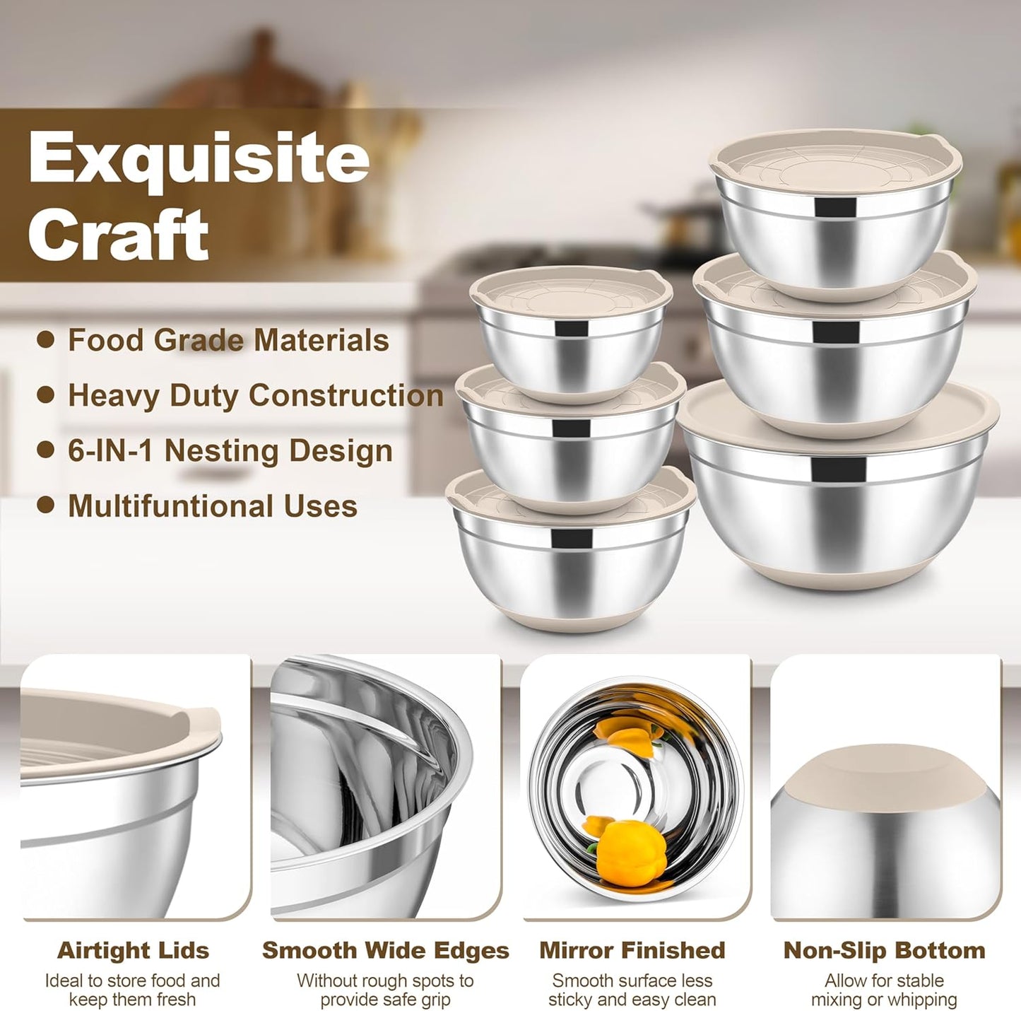 TeamFar Mixing Bowls, Stainless Steel Nesting Salad Bowl with Lids & 3 Graters, For Kitchen Cooking Serving Prepping, Airtight & Non-Slip, Size 4.6/3.5/2/1.5/1/0.7 QT, Set of 5 & Khaki