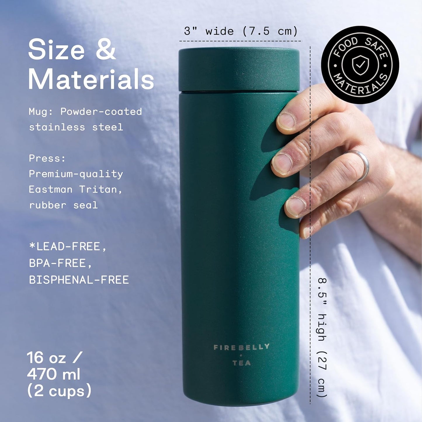 Firebelly Tea, Travel Tea Infuser Mug with Strainer, Insulated Tumbler for Loose Leaf Tea or Coffee, Leakproof Bottle for Hot or Iced Drinks, Stainless Steel Thermos with Lid, Forest