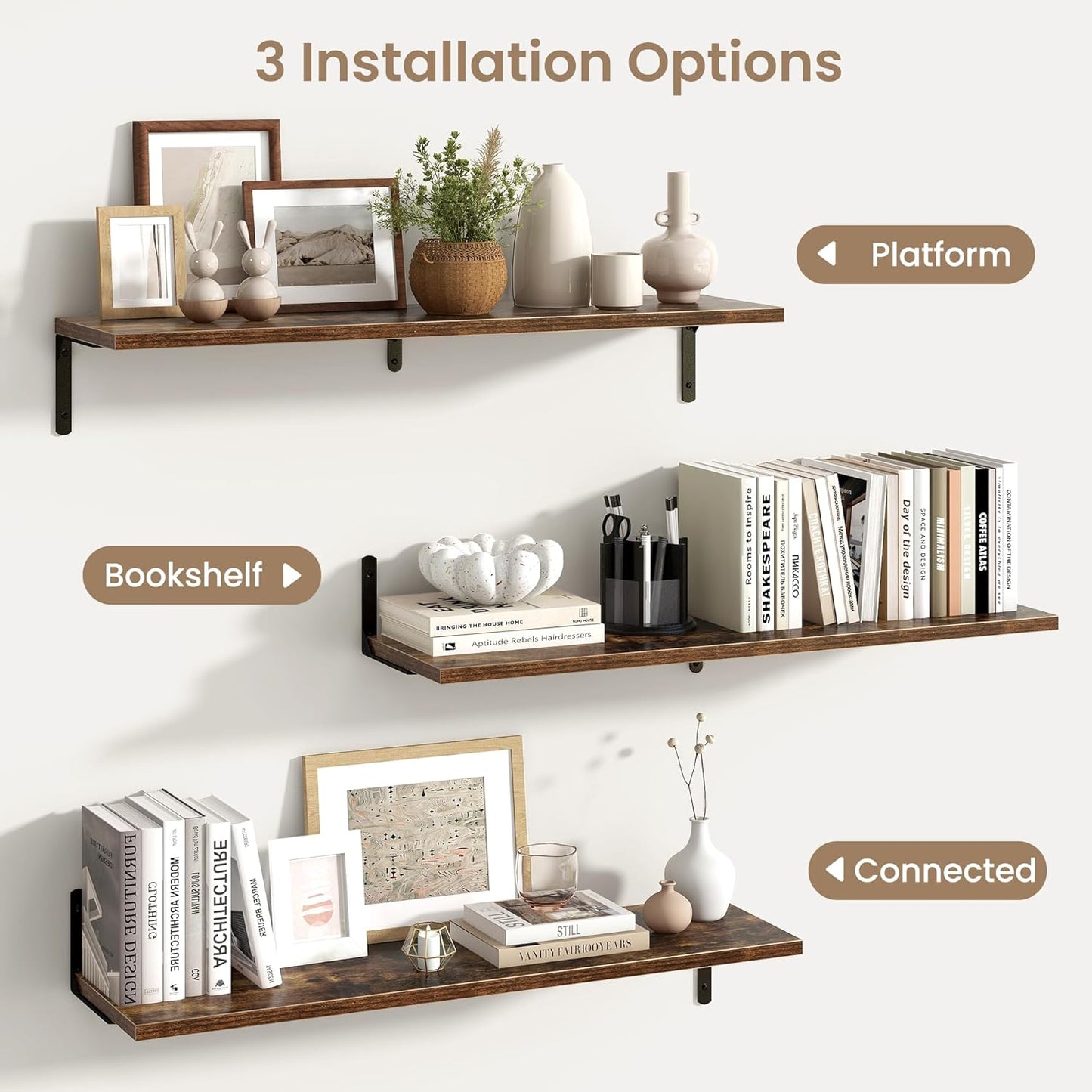 Fun Memories Deep Floating Shelves, 36W x 8D Floating Shelves Set of 2, Wall Mounted Shelf with Metal Brackets, Rustic Wood Wall Shelf for Bathroom, Kitchen and Living Room, Rustic Brown