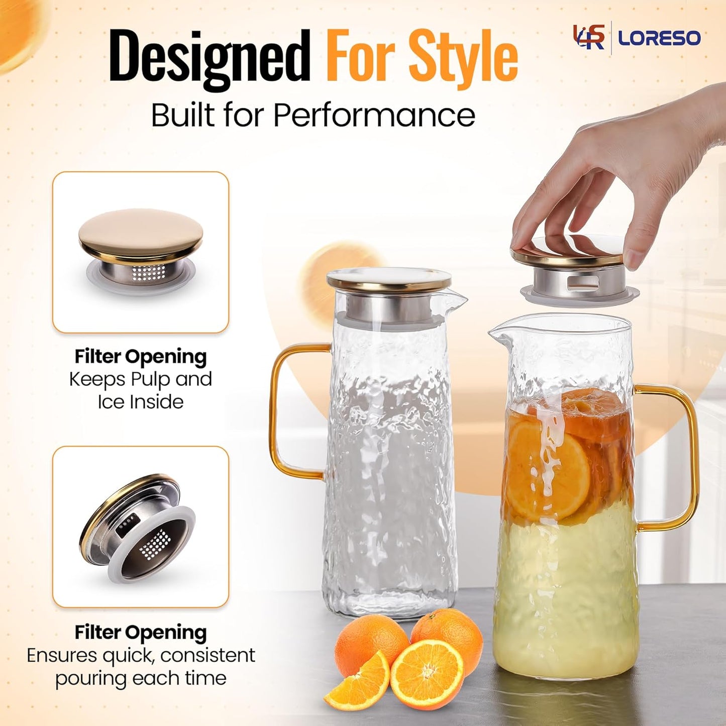 Glass Water Pitcher with Stainless Steel Lid, 2 Pack, 50 oz 1.5L - Borosilicate Glass Jug, Heat Resistant Carafe with Filter, Golden Vintage Design