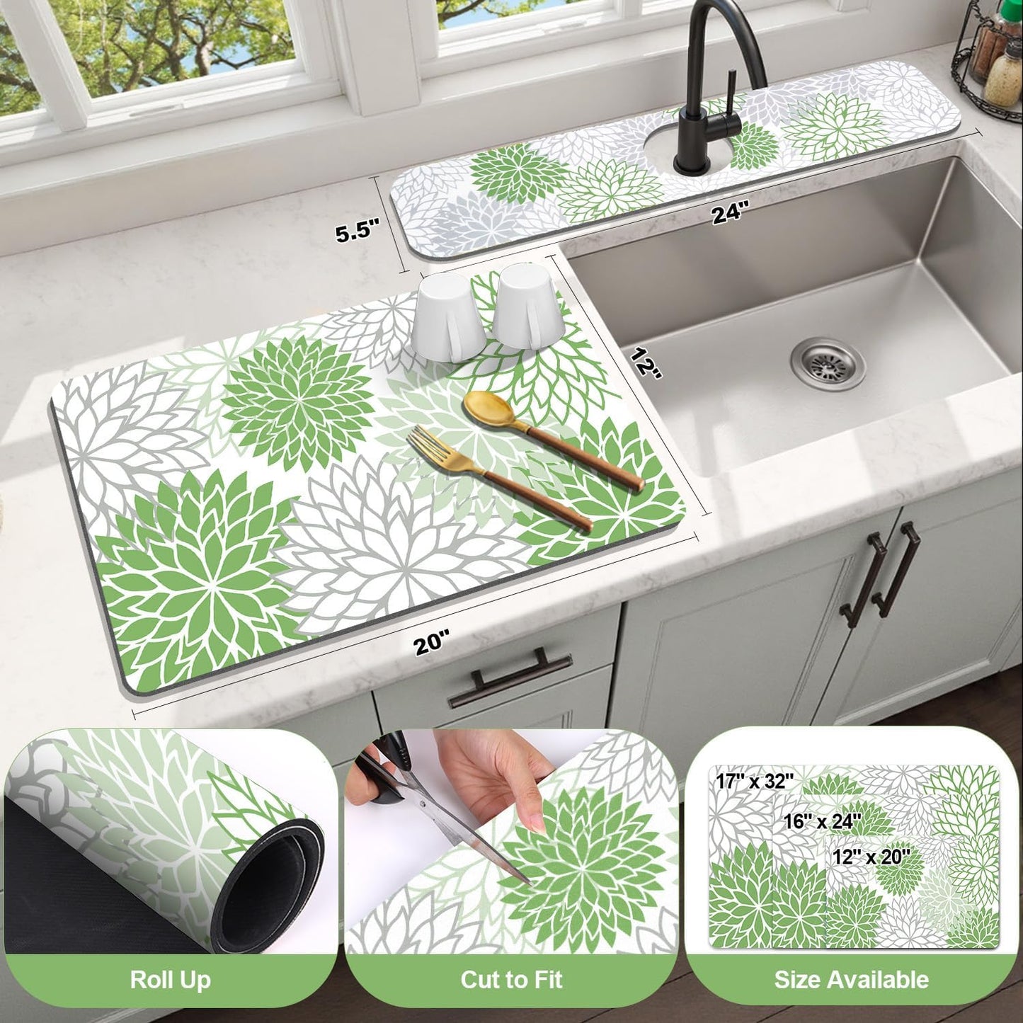 Findosom 2PCS 12" x 20" Dish Drying Mat & 24" x 5.5" Sink Splash Guard, Super Absorbent & Cuttable Dish Mat Drying Kitchen Mat with Green Floral, Hide Stain Drying Mat for Kitchen Counter