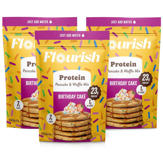 Flourish Protein Pancake & Waffle Mix, with Whey Protein & Flax Seed, No Added Sugar, High in Protein & Fiber - Just Add Water - Birthday Cake Flavour, 430g (3 Pack) - Made in Canada