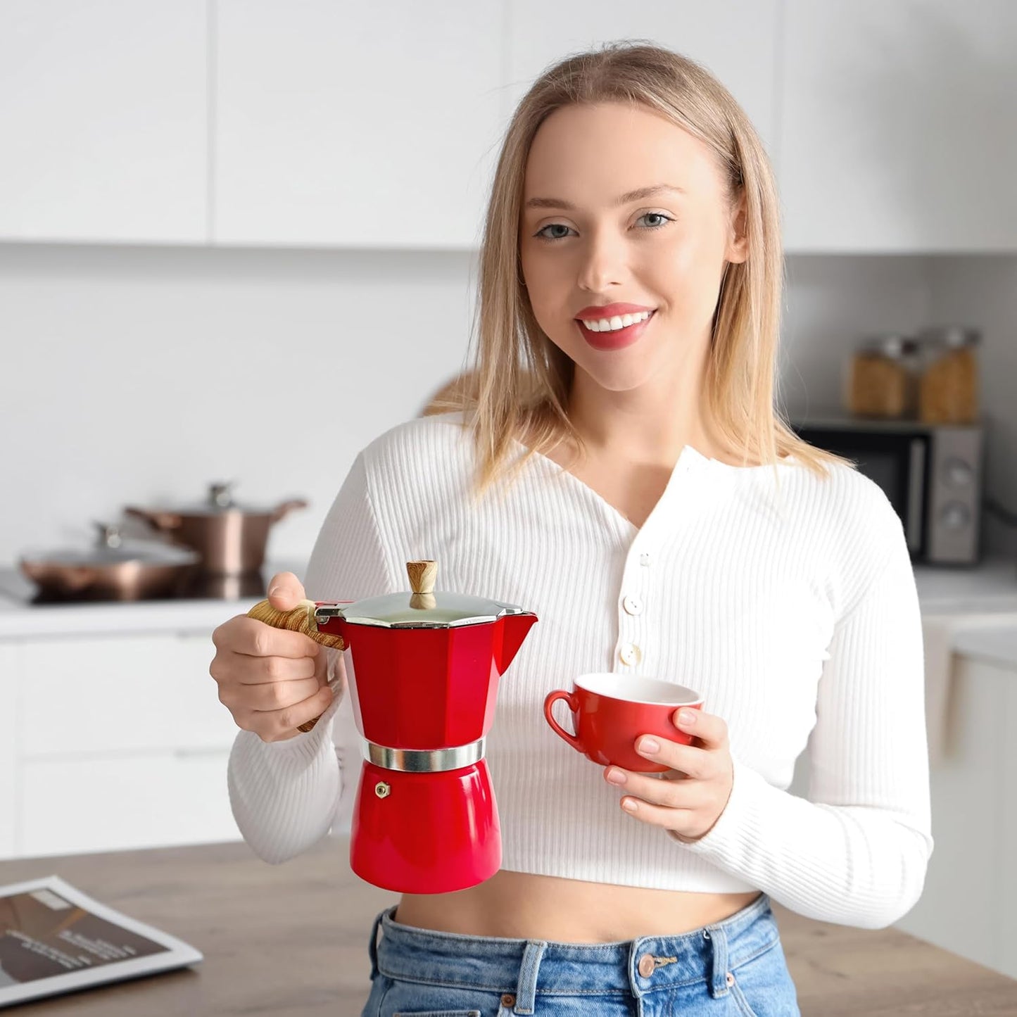 AGOGO Milano Moka pot, Stovetop Espresso maker, Greca Coffee Maker, Stovetop coffee maker and espresso maker percolator With Paper Filter 6 Cup Red