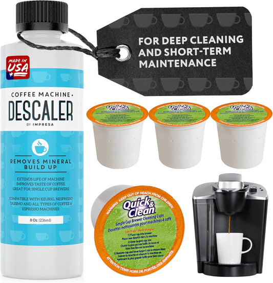 IMPRESA Coffee Machine Descaler & Cleaning Bundle - Compatible with Keurig K-Duo & K-Cup Brewers - 8 Oz Descaling Solution & 4 Maintenance Pods - Coffee Machine Cleaning & Pot Care Kit