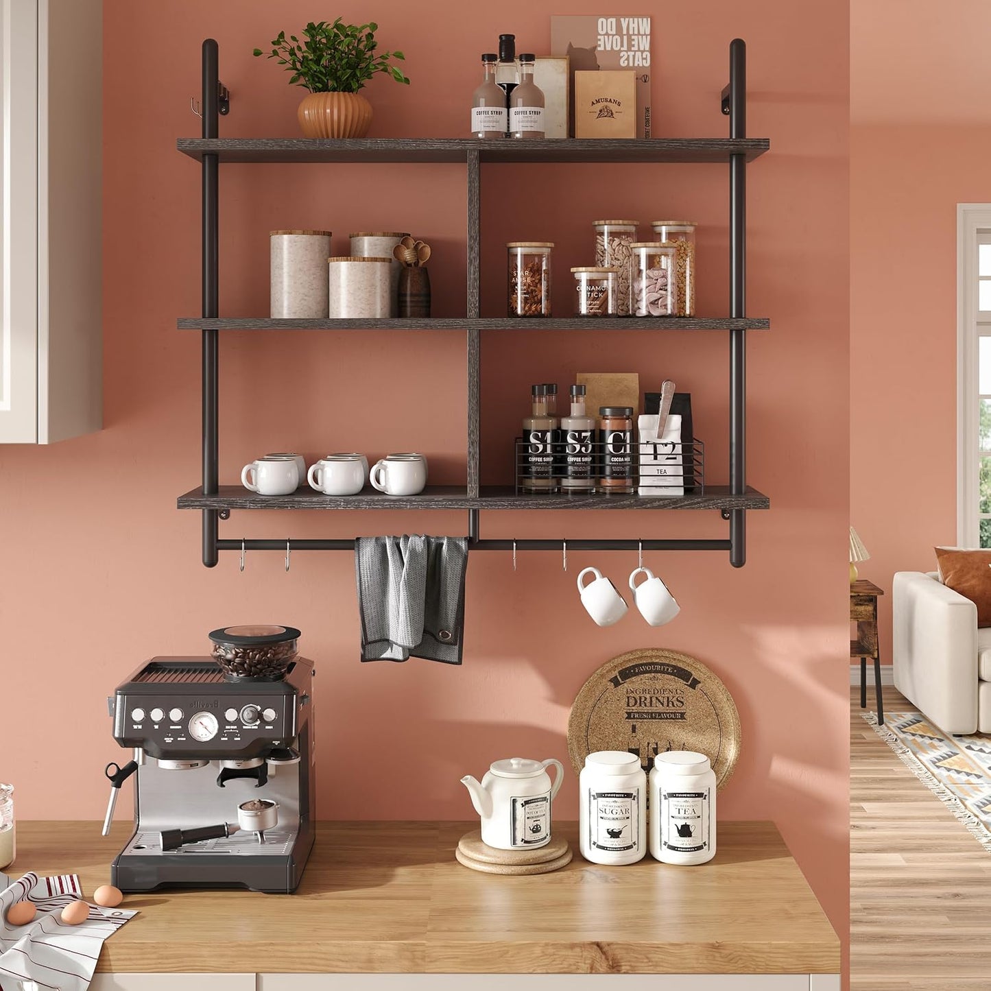 Bestier Kitchen Shelves Wall Mounted Floating Pipe Shelving 3 Tier 41.5" Coffee Bar Shelf with Holder, Wall Display Storage Rack Sundries for Kitchen Living Room, Charcoal Black