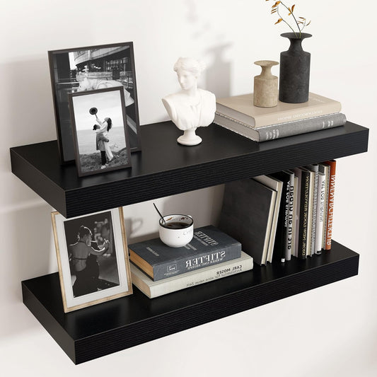 Floating Shelves - 2 Large Wall Mounted Shelves with Invisible Brackets, Long Wood Floating Wall Shelf for Living Room, Bedroom, Kitchen (Black, 24" W x 9" D x 1.5" H)