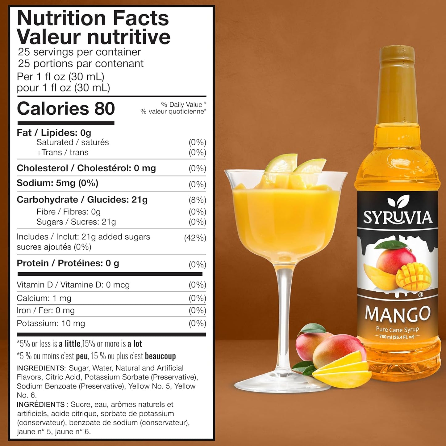 Syruvia Mango Syrup - Premium Flavoring Syrup for Tea, Italian Sodas, Beverages, Desserts, Ice Cream, Cocktails & Mocktails - Kosher, Gluten Free - 25.4 fl oz.