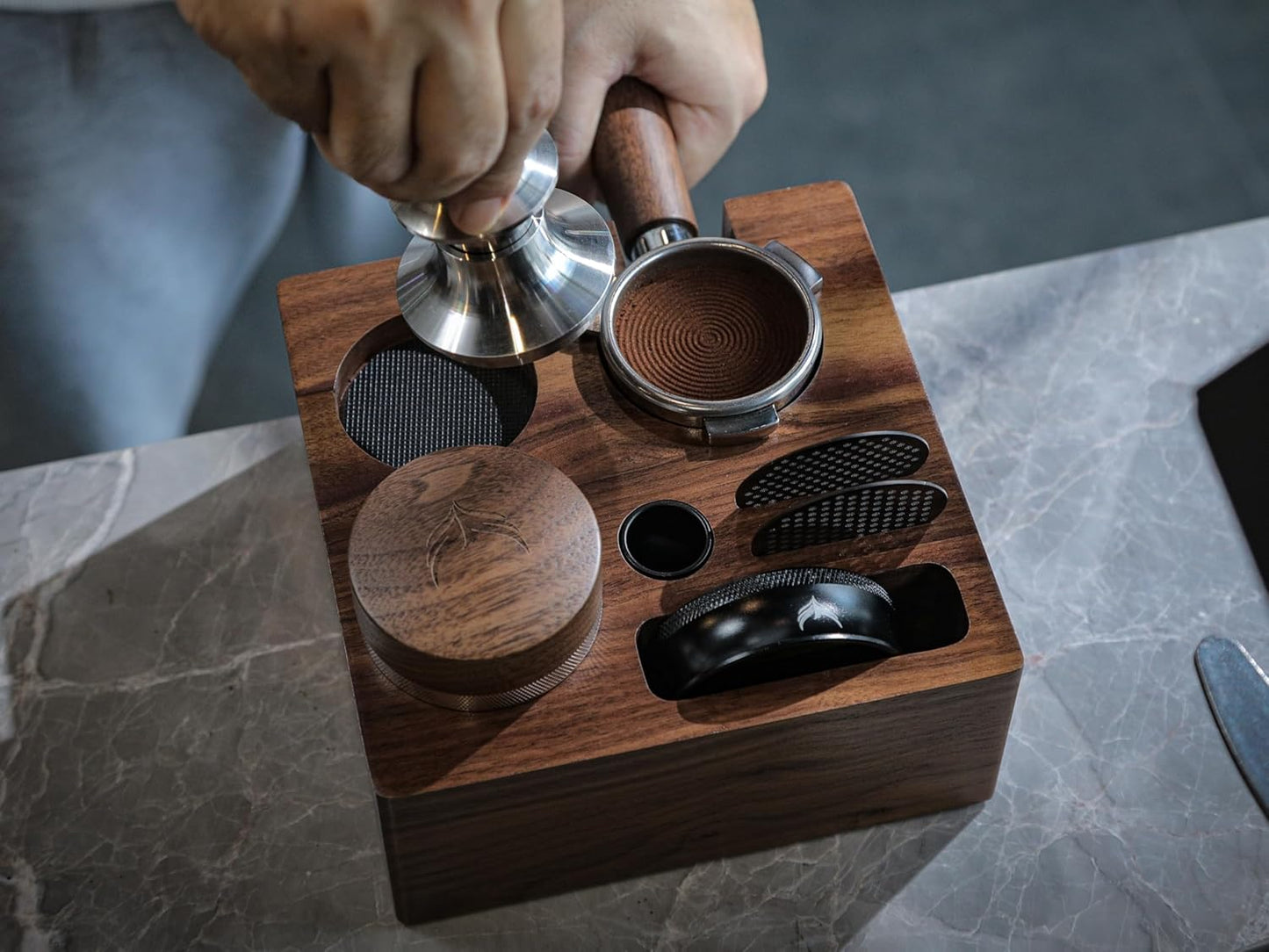58mm Tamper Station V3 Walnut Portafilter Holder Compact Espresso Organizer with Multi Accessory Storage Espresso Machine Accessories for Coffee Bar