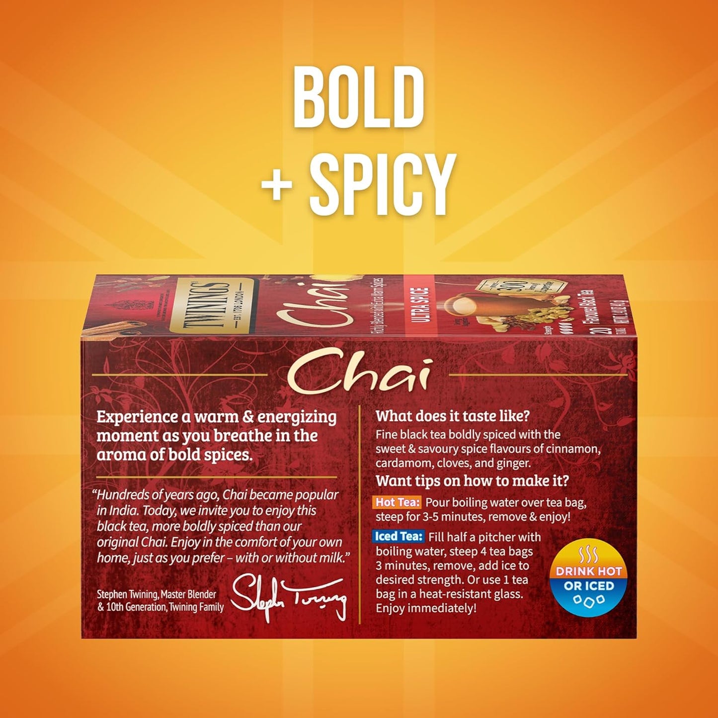 Twinings Ultra Spice Chai Individually Wrapped Bags, 20 Count (Pack of 6), Sweet, Savoury Spices, Caffeinated, Enjoy Hot or Iced, 120 Teabags