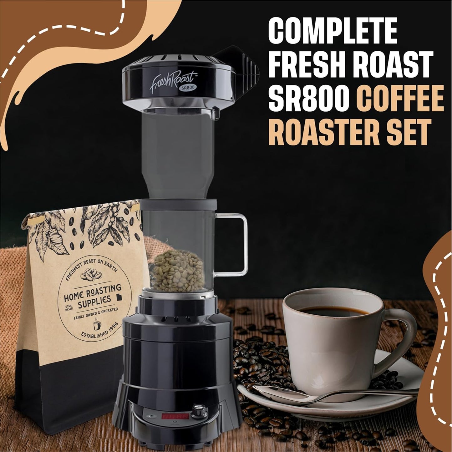 Fresh Roast Coffee Roaster Bundle SR800, Glass Extension Tube, Burr Grinder, (2 Lbs) Sample Pack of Green Beans, (2- pack) Sample trays