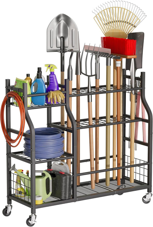 Garden Tool Organizer with Wheels for Garage and Shed, Spacious Tool Storage, Multi-Tier Design with Side Hooks for Rakes, Shovels, Brooms, and Yard Tools Rolling Cart