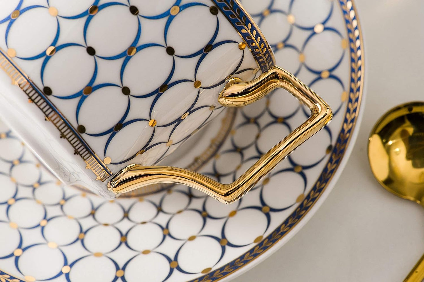 CwlwGO-European style cup and saucer set, 7 oz (about 198.4 grams) bone china exquisite glazed platinum tea cup and saucer (two sets), golden spoon, mug, cappuccino, latte, MOCHA, elegant female suit.