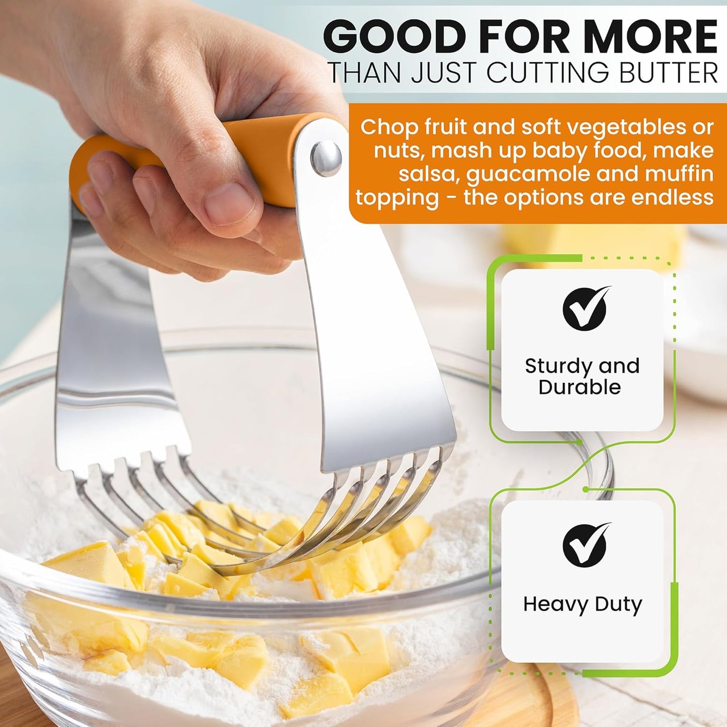 Spring Chef Large Dough Blender For Baking, Professional Dough Cutter Tool, Stainless Steel Puff Pastry Cutter Tool with Sharp Blades, Manual Pastry Blender for Easy Mixing - Dishwasher Safe - Mango