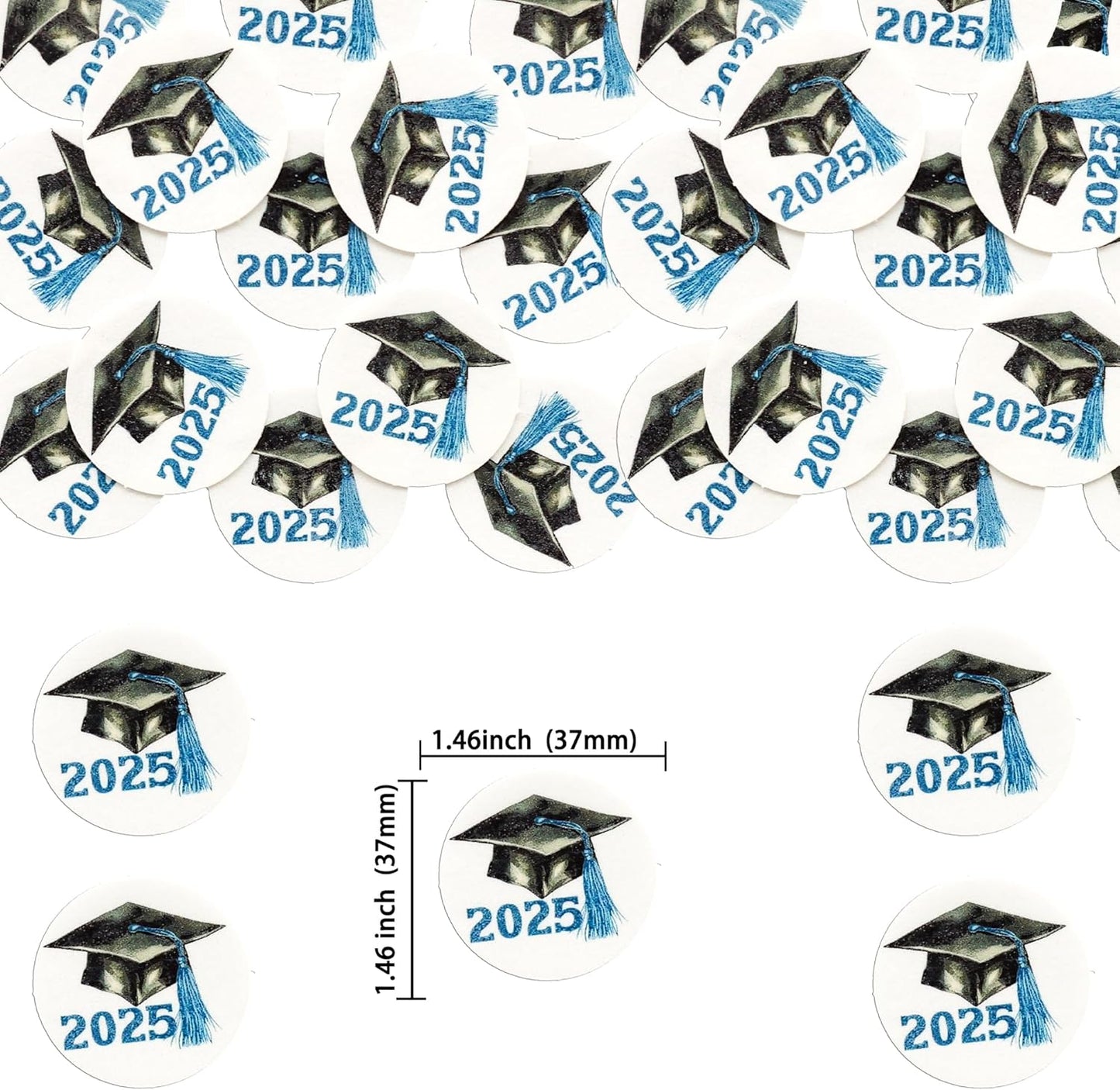 Gyufise 48Pcs Edible 2025 Graduation Cap Cupcake Toppers Wafer Paper Class of 2025 Grad Cap Cupcake Picks for 2025 Graduation Theme Party Cake Decorations Supplies Blue