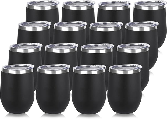 DOMICARE Stainless Steel Wine Tumbler Bulk with Lid, Personalized Insulated Tumblers Set, 12oz Travel Coffee Cups Pack of 16, Black