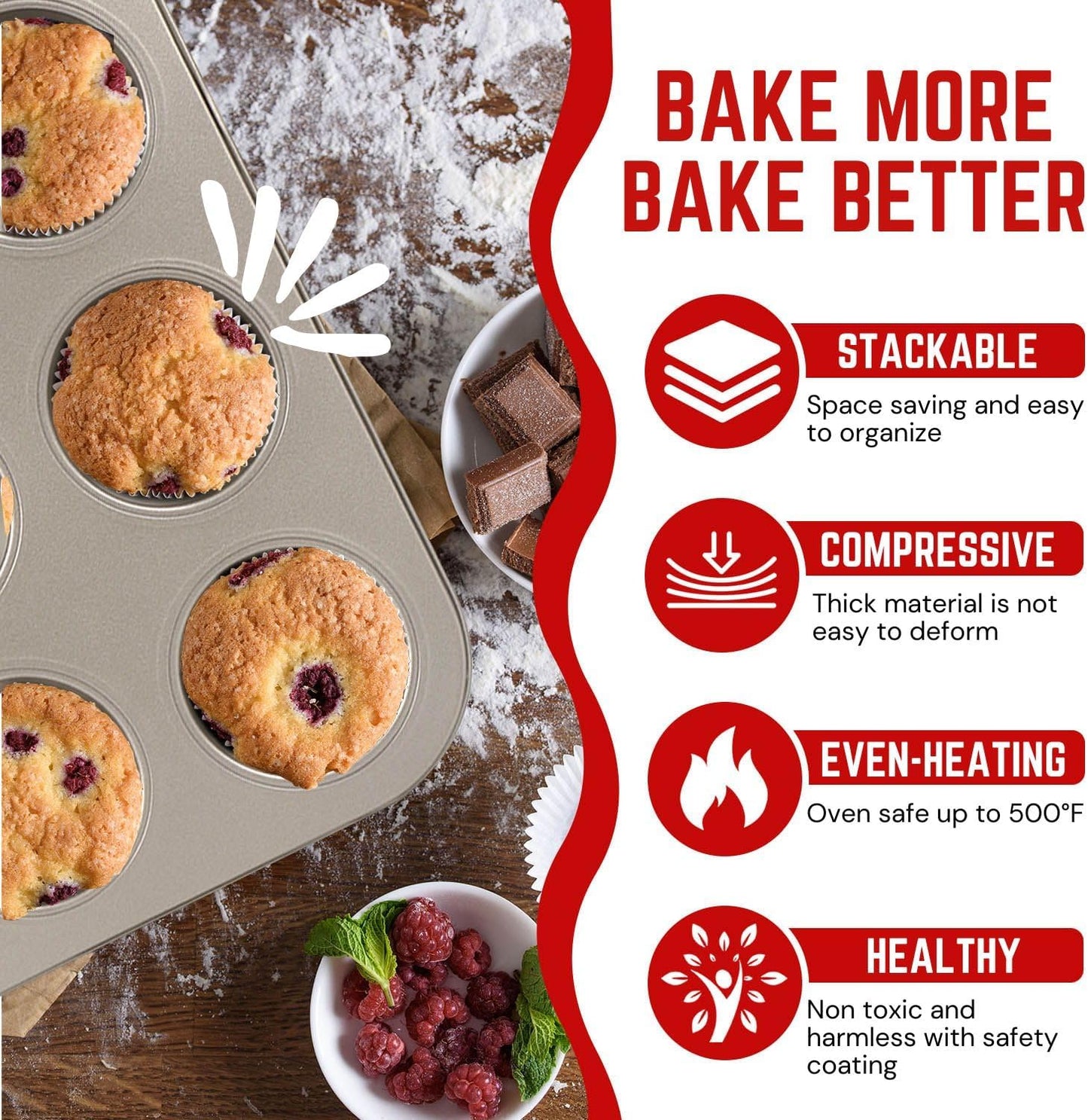 Flexzion Muffin Tray Cupcake Baking Pan 2 Pack, 12-Cup Nonstick Carbon Steel Muffin Tin Non-Stick Cupcake Tin Bakeware Accessories for Baking Cupcake Muffin Brownies Snack, Fridge Safe, Champagne Gold