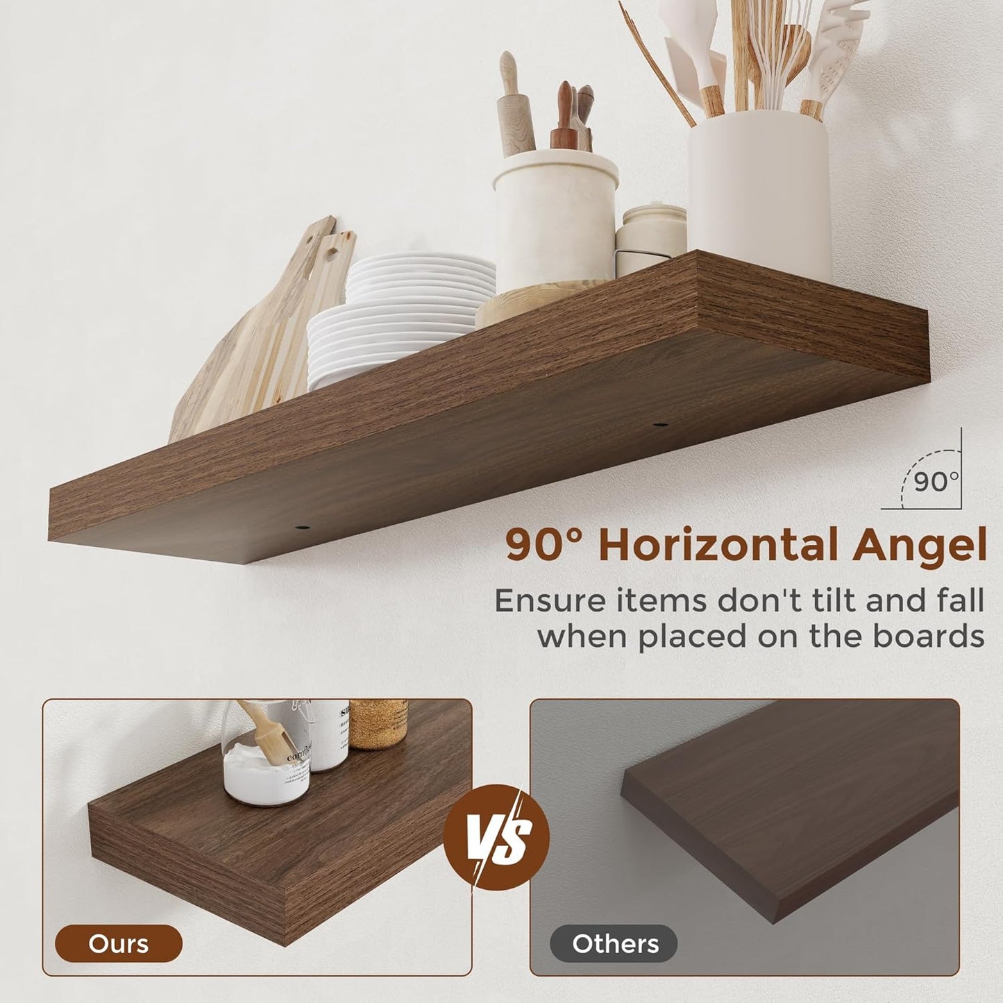 Heimlove 36 Inch Floating Shelves for Wall 8 Inch Deep Walnut Shelves Set of 2,Wall Mounted Rustic Wood Long Floating Shelf with Invisible Brackets for Bedroom Kitchen Living Room