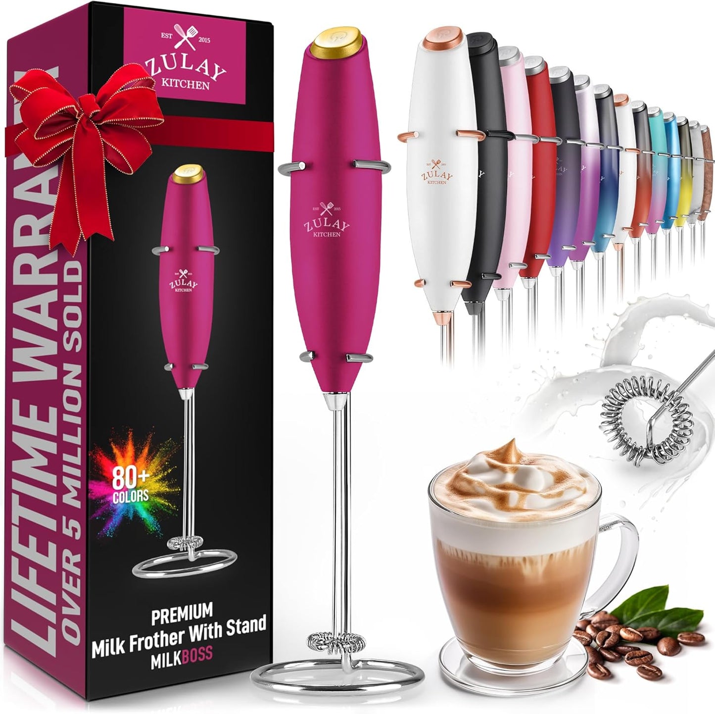 Zulay Kitchen Powerful Milk Frother Wand - Ultra Fast Handheld Drink Mixer - Electric Whisk Foam Maker for Coffee, Lattes, Cappuccino, Frappe, Matcha & Coffee Creamer - Hot Pink Gold